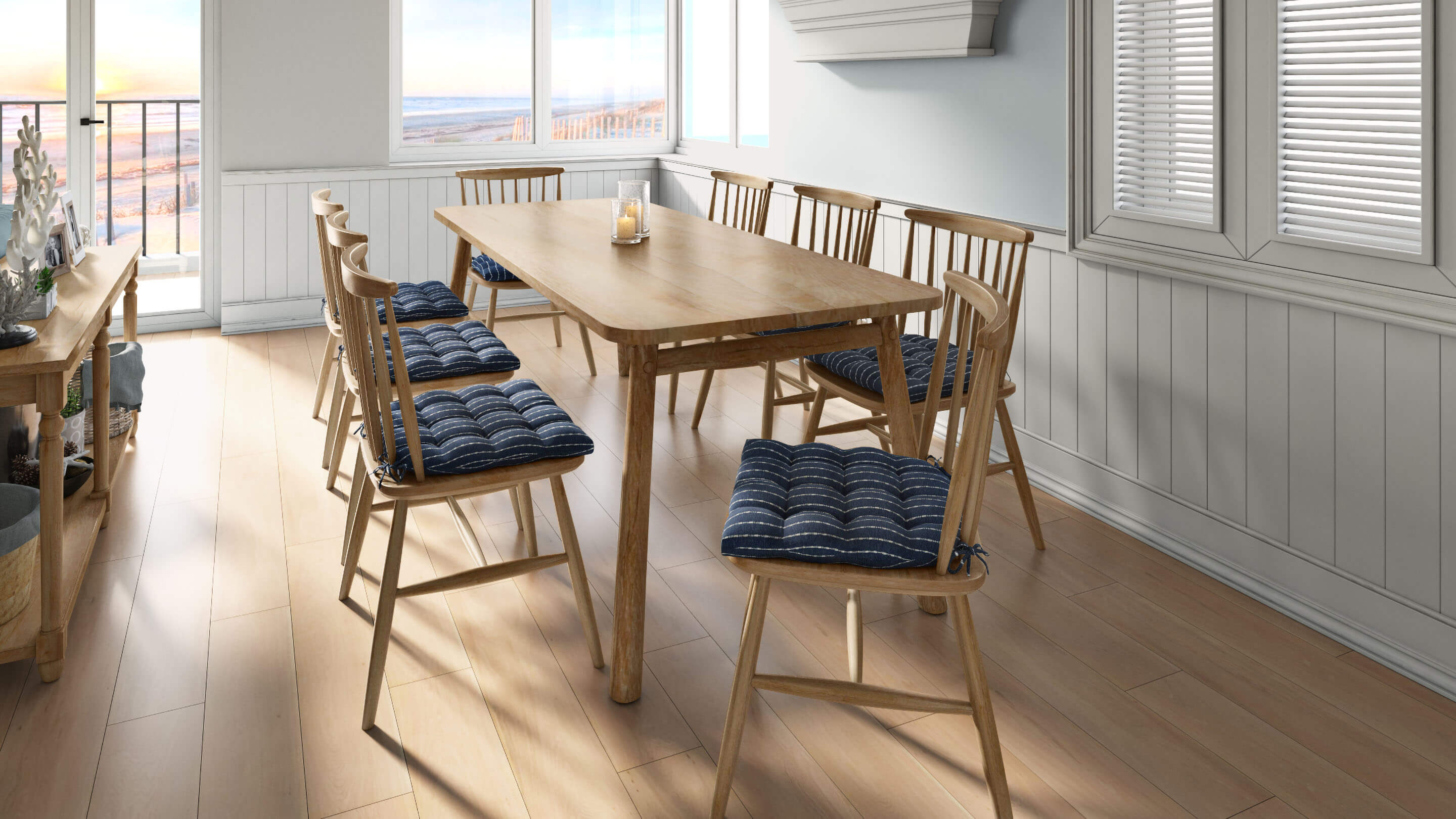 Brisbane Collection stain-resistant dining chair cushions tufted and tied on wooden chairs in a bright dining room