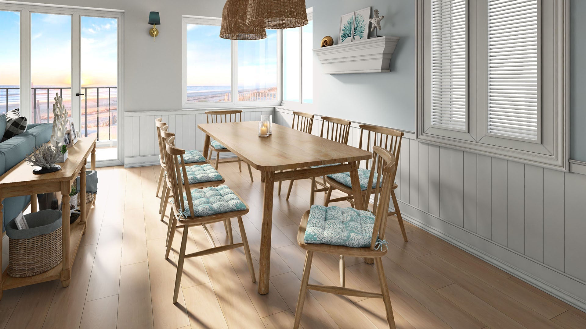 coastal chair cushions with a coral pattern in a beach house dining room with natural wood dining chairs