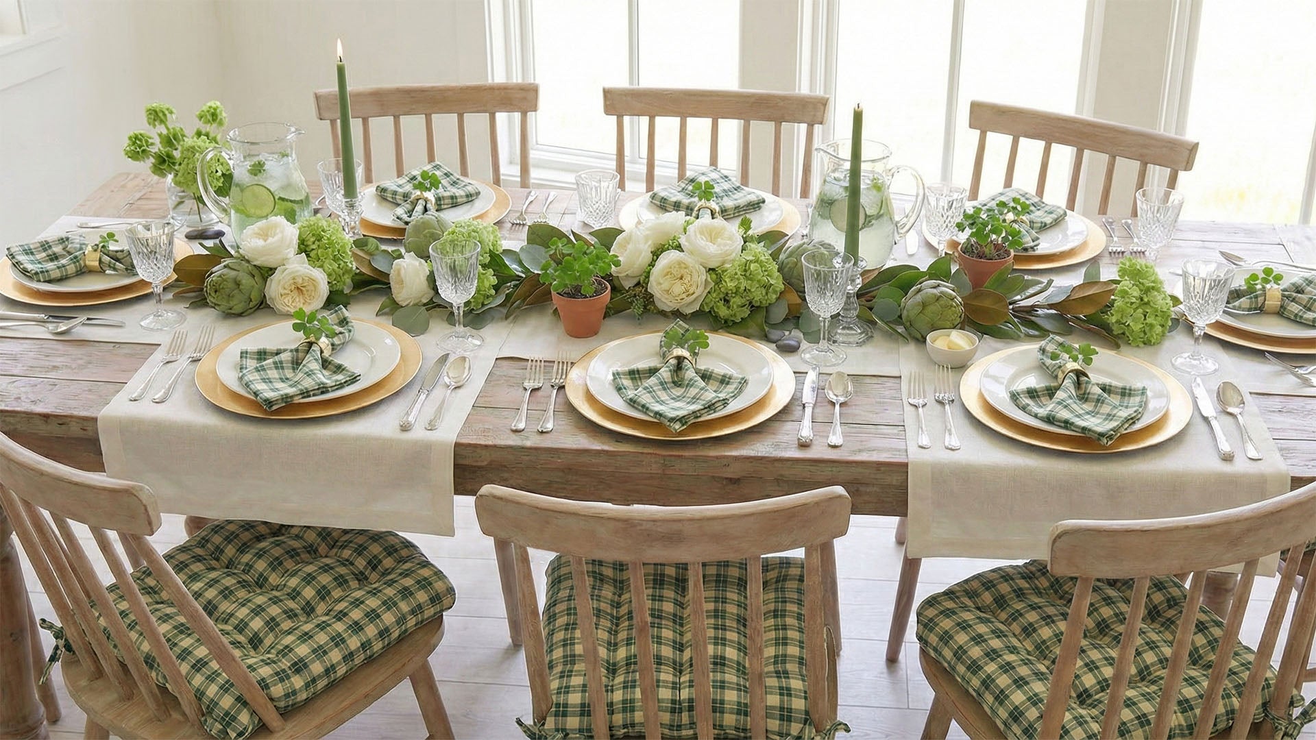 green striped cushion with st patricks tablescape