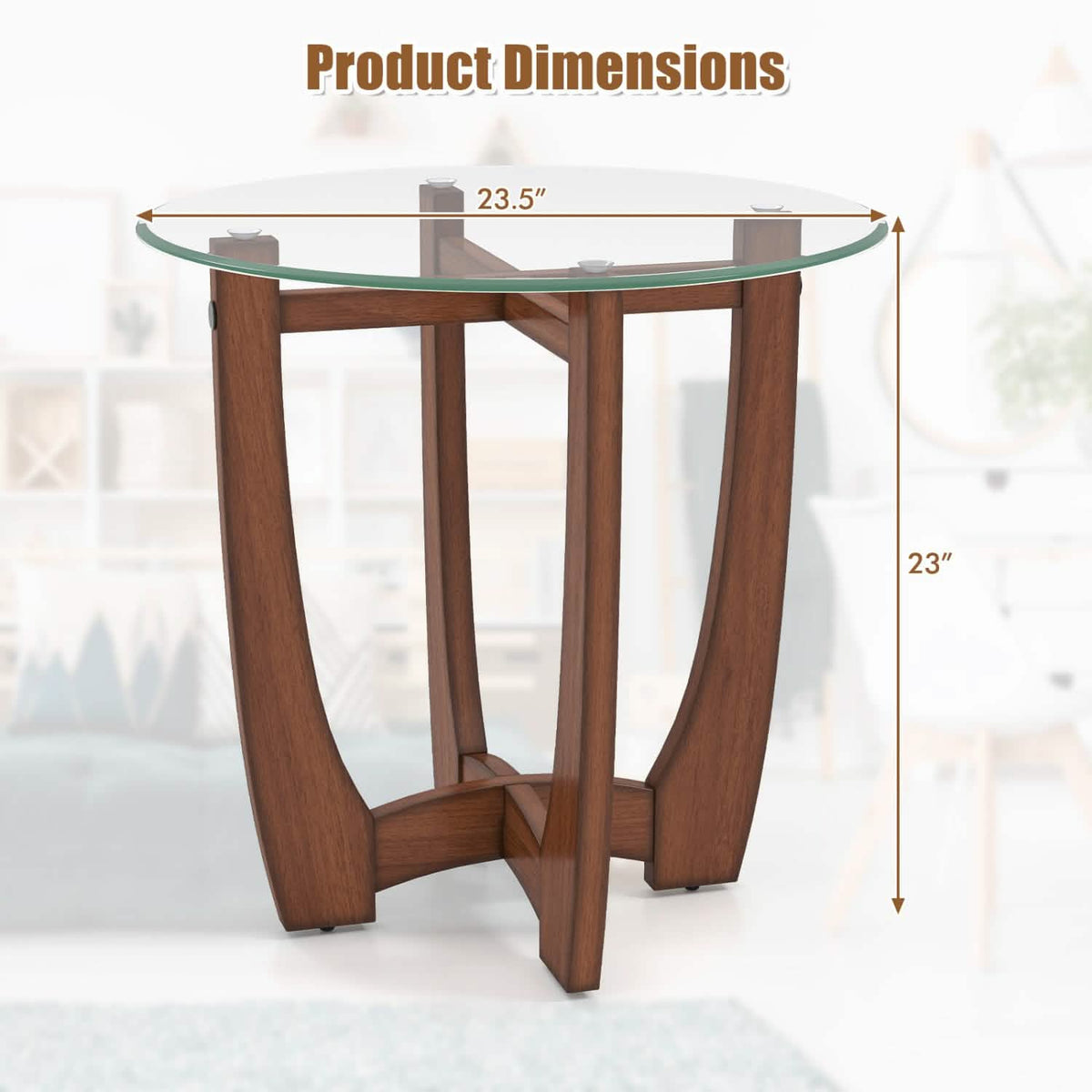 Round Glass End Table with Wood Cross Base - 23.5 Inch, Walnut Finish