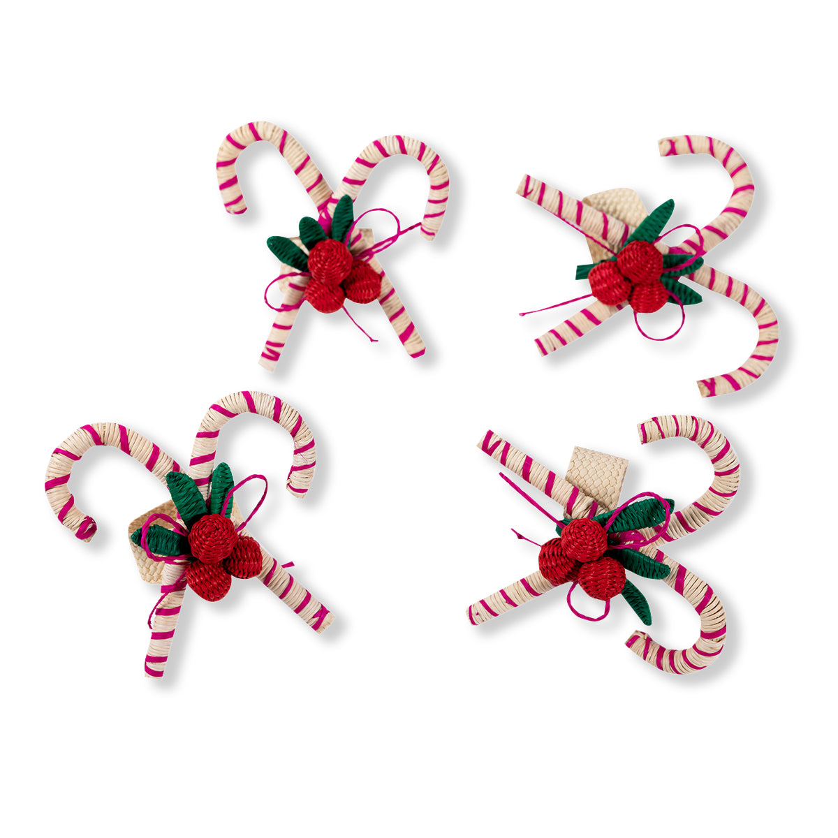 Candy Cane Napkin Ring - Pink and White Candy Canes with Red Berries and Green Leaves