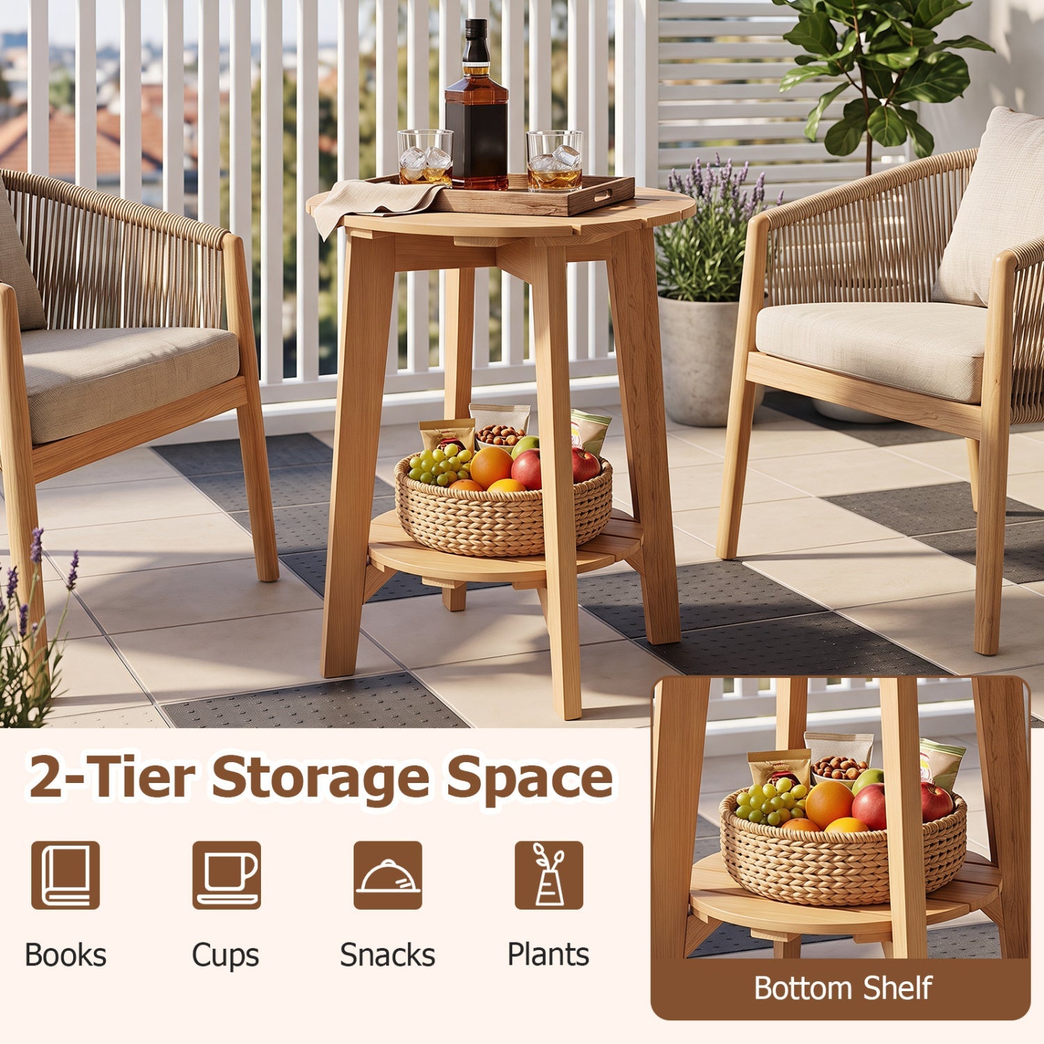 Outdoor Side Table with Storage Shelf - Eucalyptus Wood - Natural