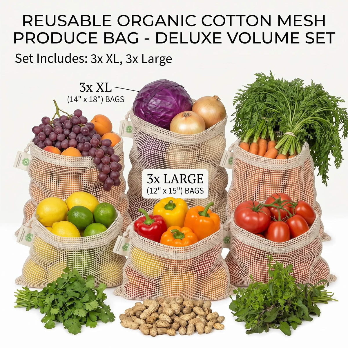 Mesh Produce Bags - Organic Cotton - 6 Bag Set