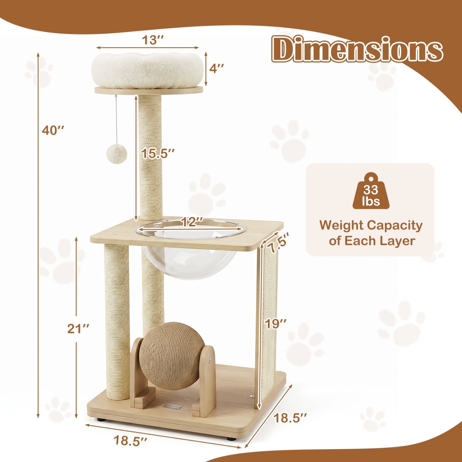 Cat Tree with Space Capsule & Sisal Scratching Posts - 40" Tall, Solid Wood Base