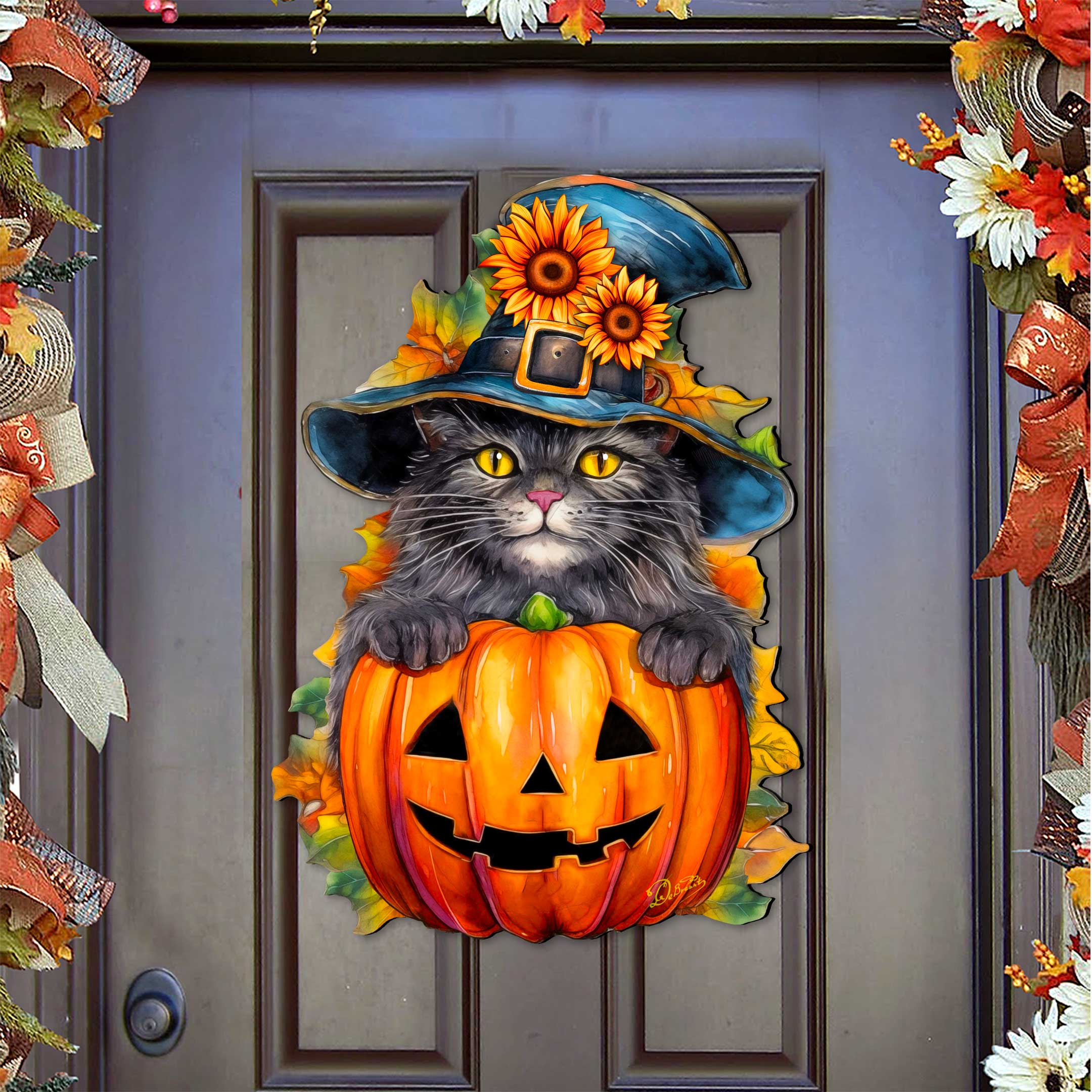 Black Cat Pumpkin Halloween Door Decor - Holiday Door Hanger