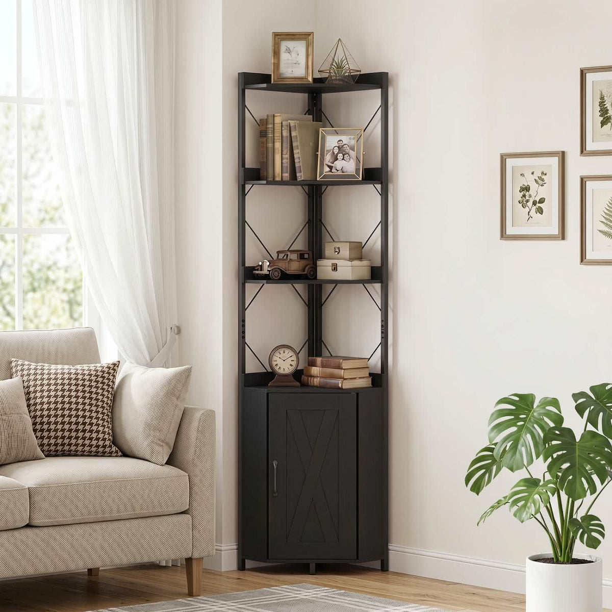A tall black corner shelving unit with four open shelves and a lower cabinet, styled with books, frames, and decor in a bright living room