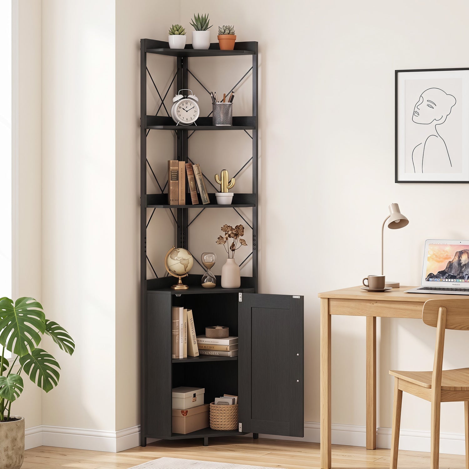Corner Bookshelf with Cabinet, 6-Tier - 71" Tall, Metal Frame