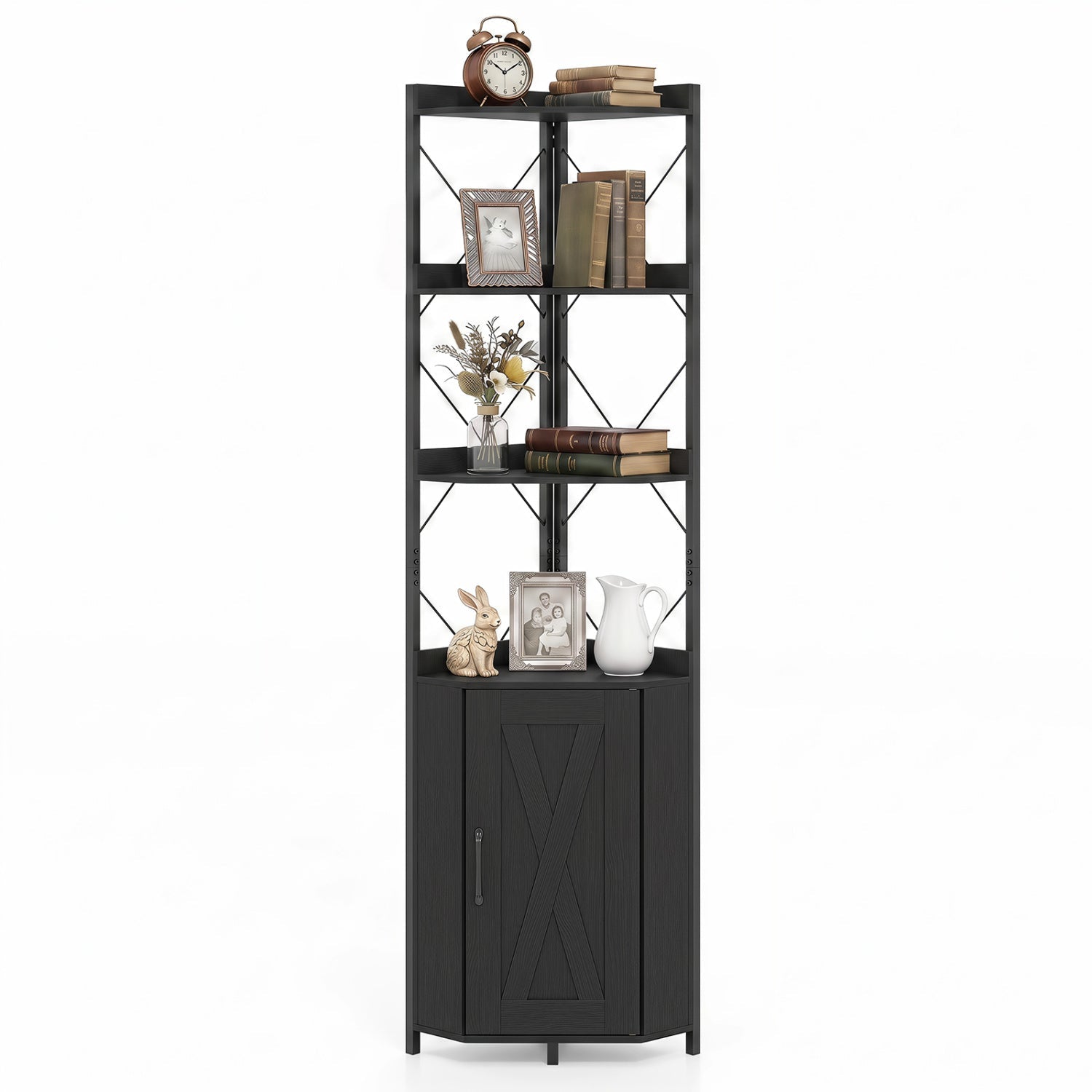 Corner Bookshelf with Cabinet, 6-Tier - 71" Tall, Metal Frame