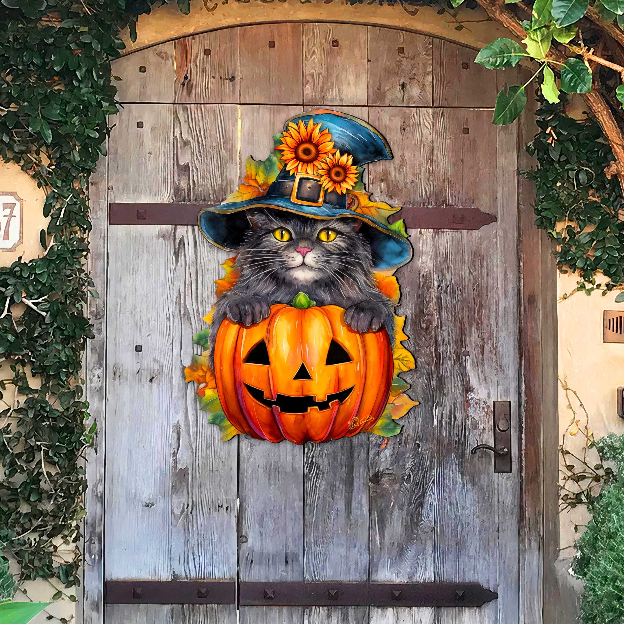Black Cat Pumpkin Halloween Door Decor - Holiday Door Hanger