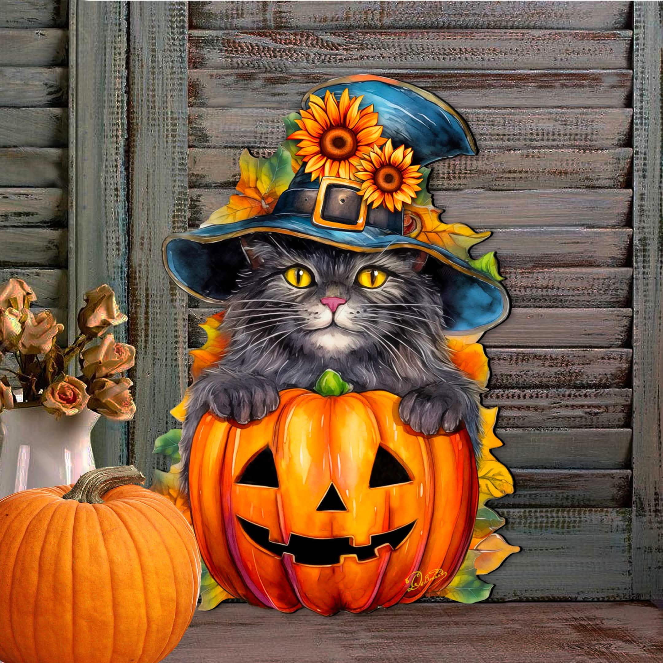 Black Cat Pumpkin Halloween Door Decor - Holiday Door Hanger