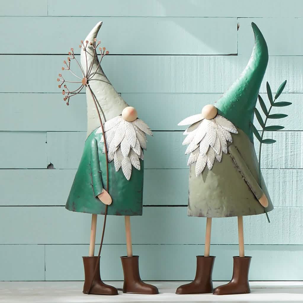 Garden Gnomes with Flowers, Iron - Set of 2