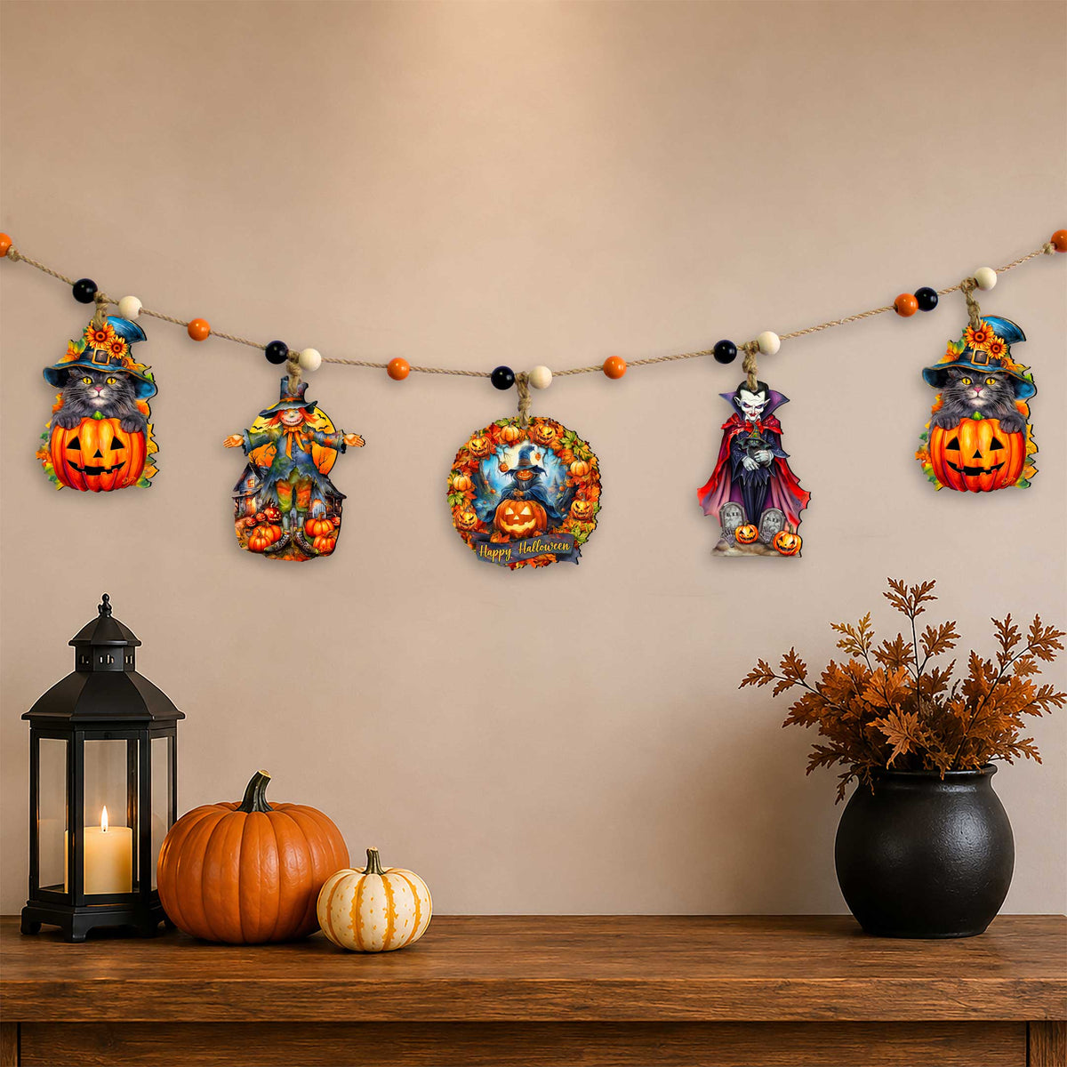 Halloween Garland with Black Cat, Scarecrow, Pumpkin & Vampire - 48" - Five Wooden Hanging Decorations