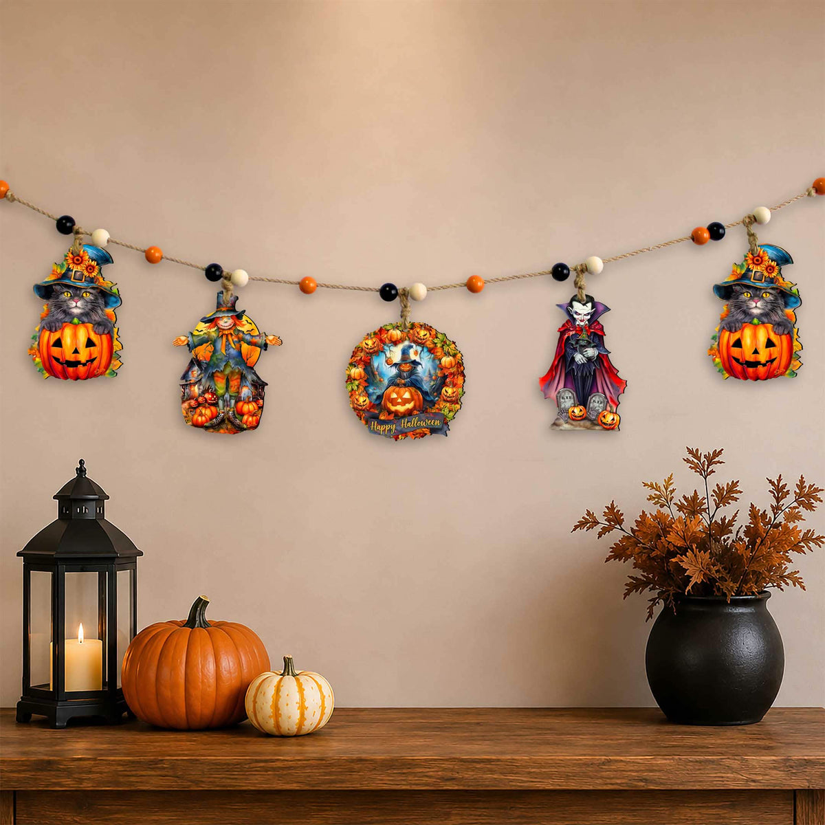 Halloween Garland with Black Cat, Scarecrow, Pumpkin & Vampire - 48" - Five Wooden Hanging Decorations
