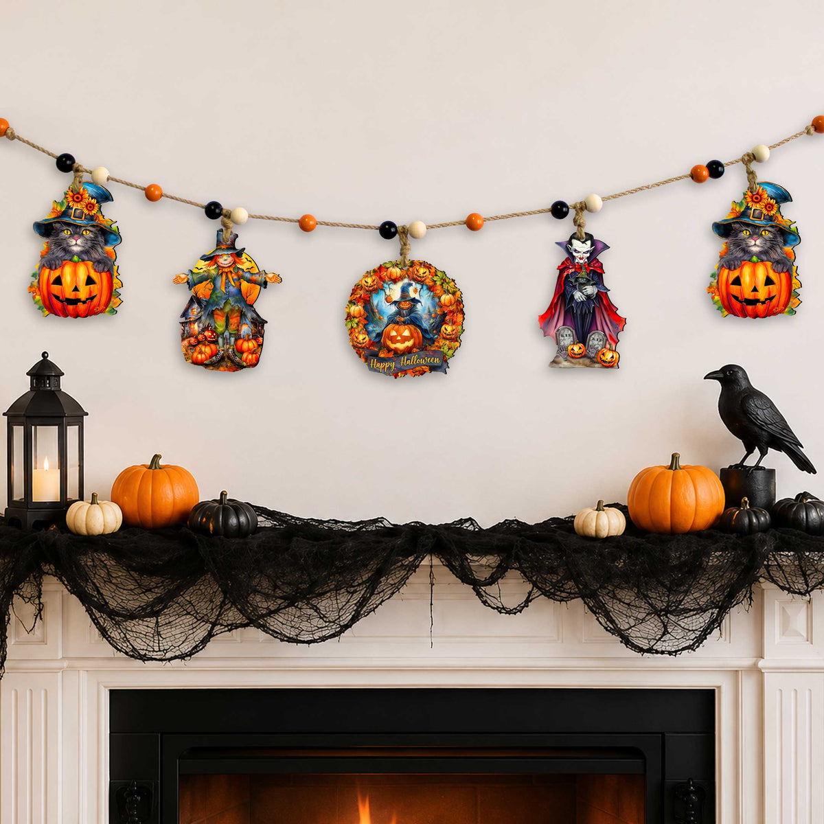 Halloween Garland with Black Cat, Scarecrow, Pumpkin & Vampire - 48" - Five Wooden Hanging Decorations