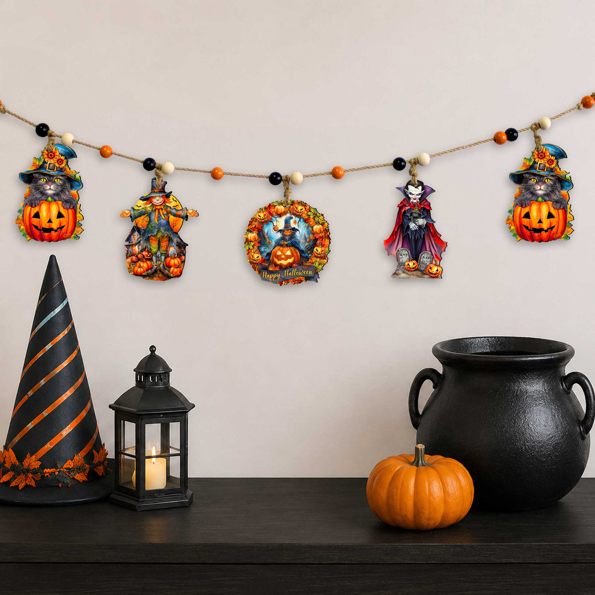 Halloween Garland with Black Cat, Scarecrow, Pumpkin & Vampire - 48" - Five Wooden Hanging Decorations