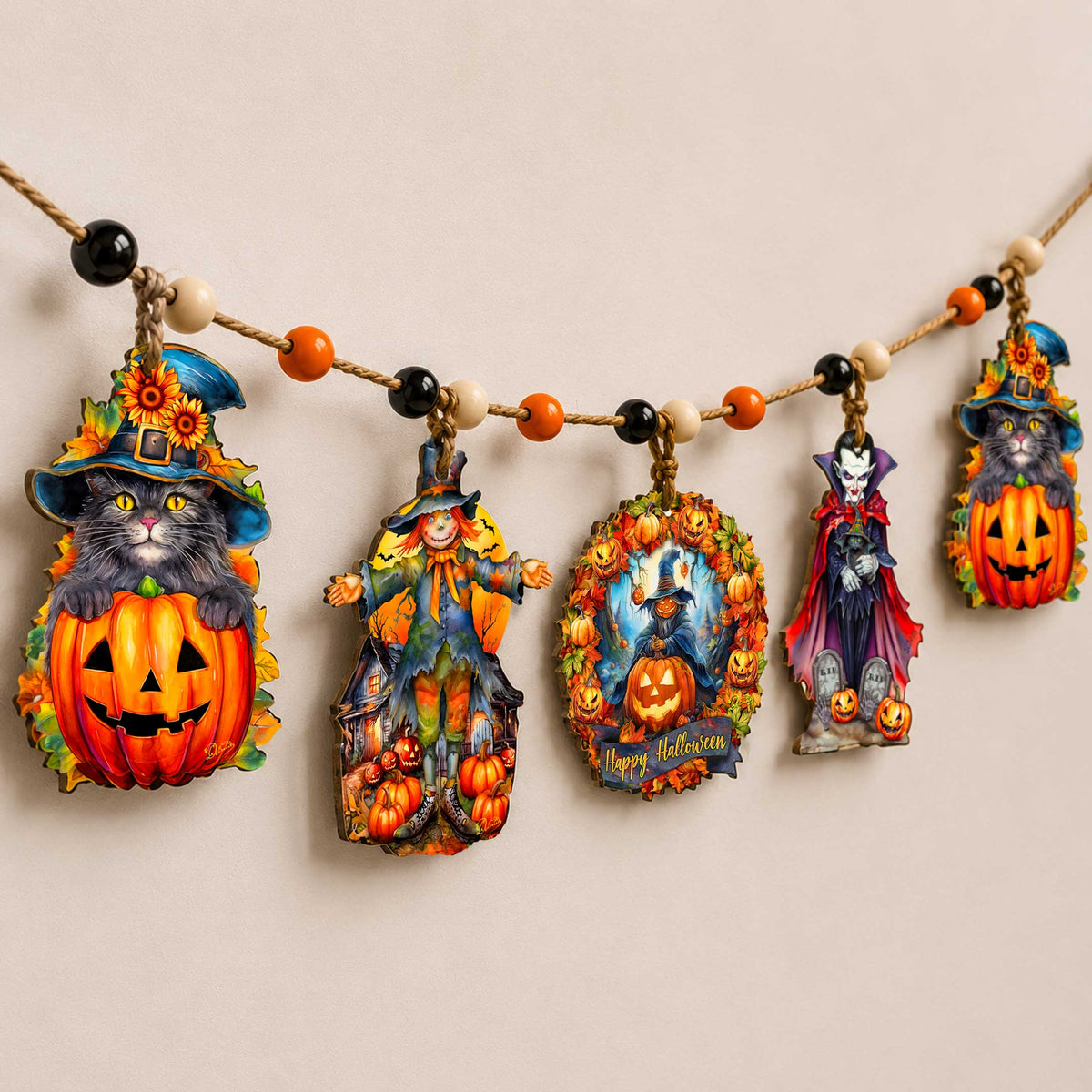 Halloween Garland with Black Cat, Scarecrow, Pumpkin & Vampire - 48" - Five Wooden Hanging Decorations