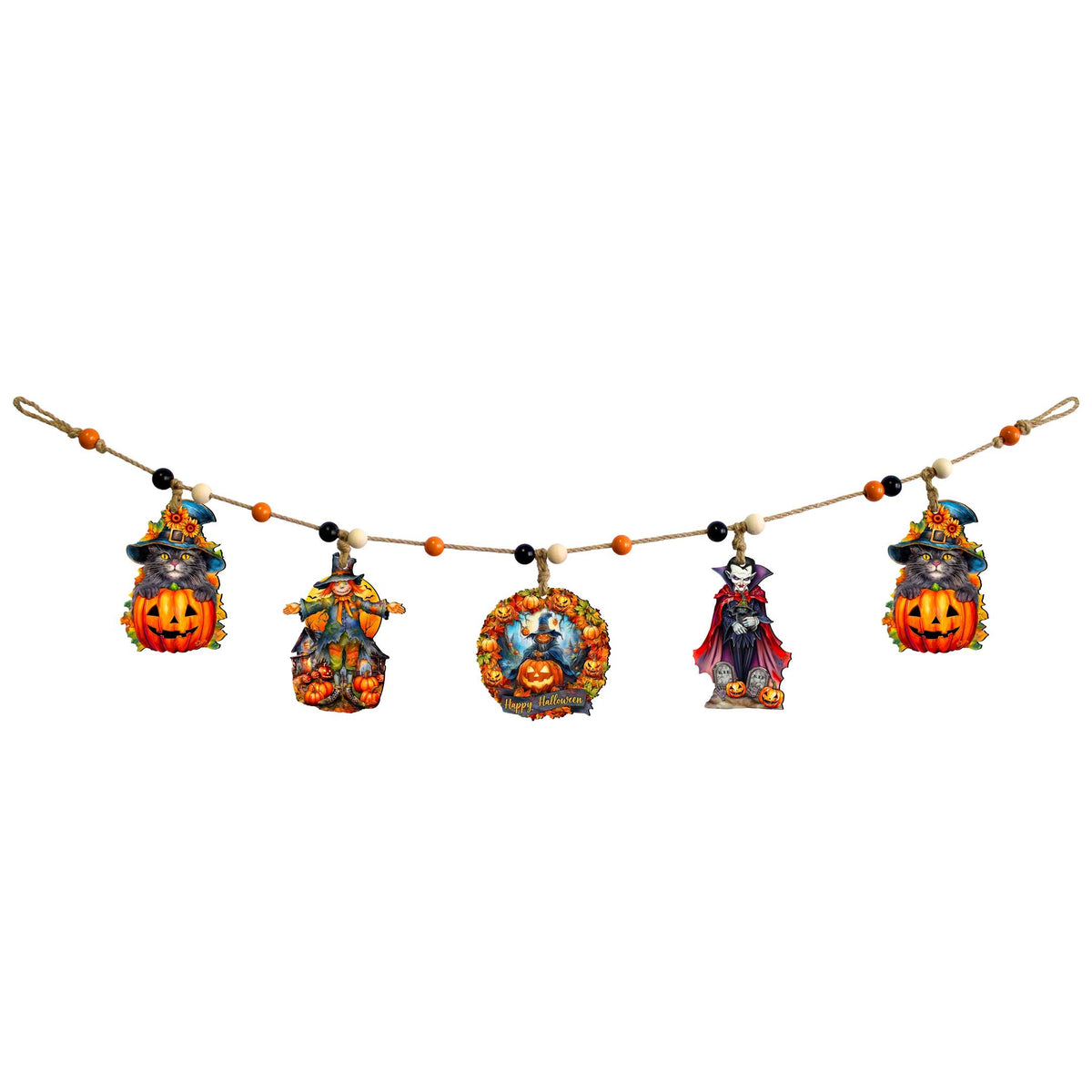 Halloween Garland with Black Cat, Scarecrow, Pumpkin & Vampire - 48" - Five Wooden Hanging Decorations
