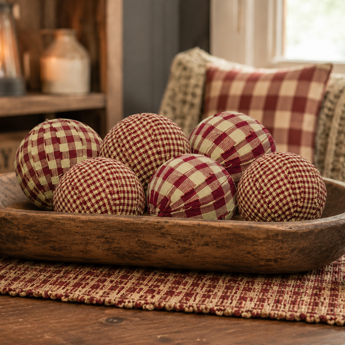 Burgundy Rag Balls Primitive Farmhouse Bowl Fillers - Red, Set of 6
