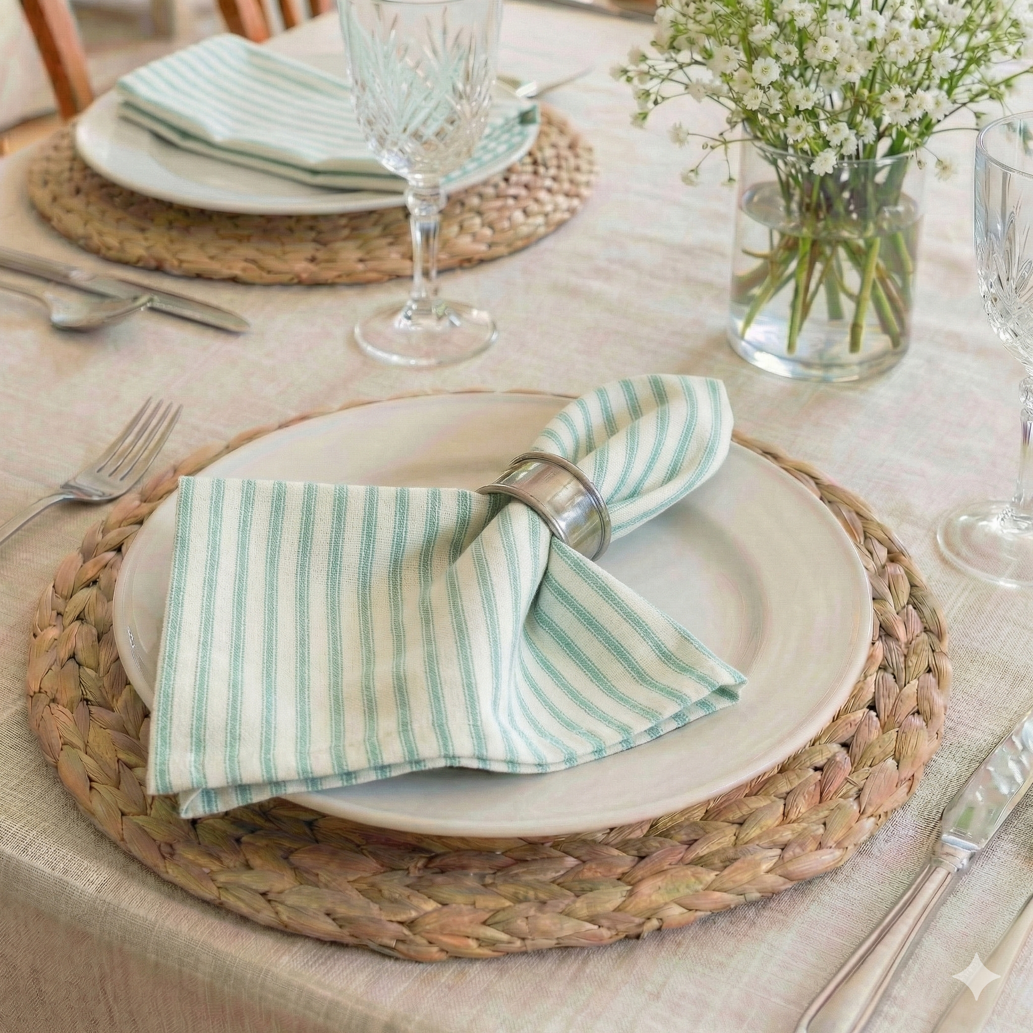 Ticking Stripe Aqua Cloth Napkins Set of 4 or Set of 8