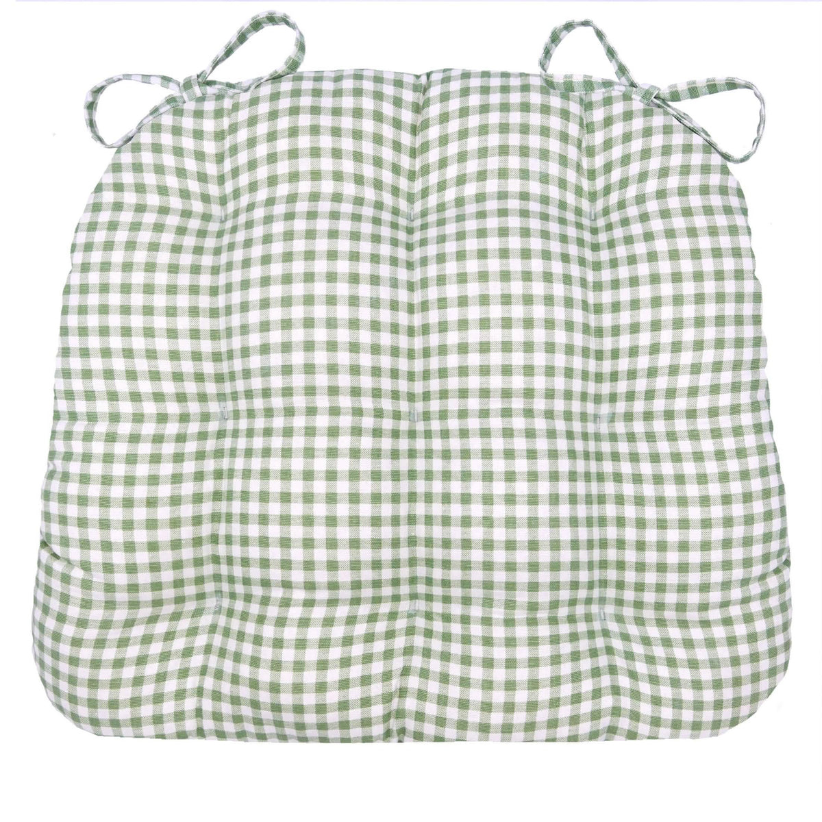 Madrid sage green and white gingham dining chair pad with tufted design and tie strings, showing reversible cotton fabric construction