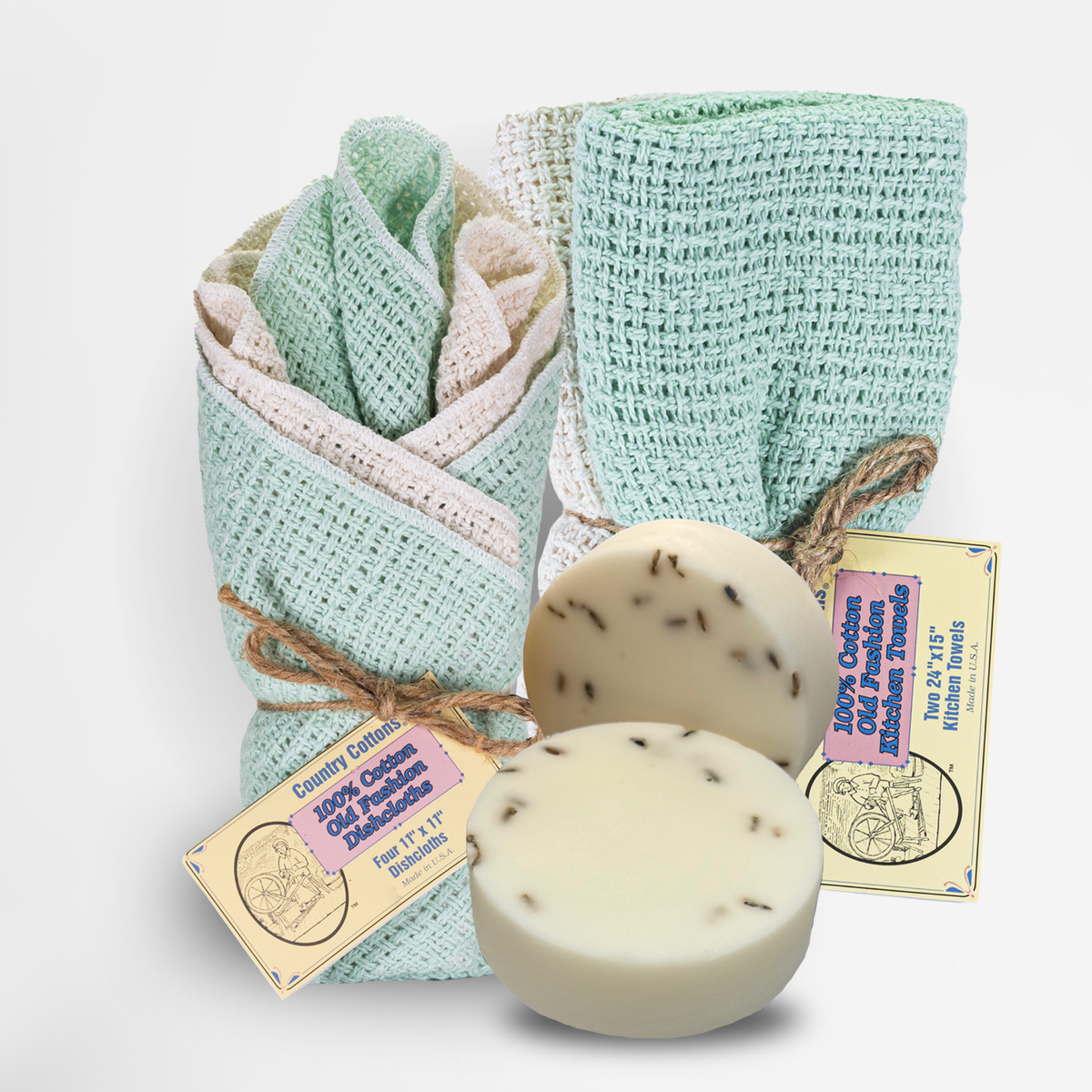 Starter Kit 100% Cotton Dishcloth 11" x 11" (4), Kitchen Towel 24" x 15" (2), Dish Soaps (1 Each Scent)