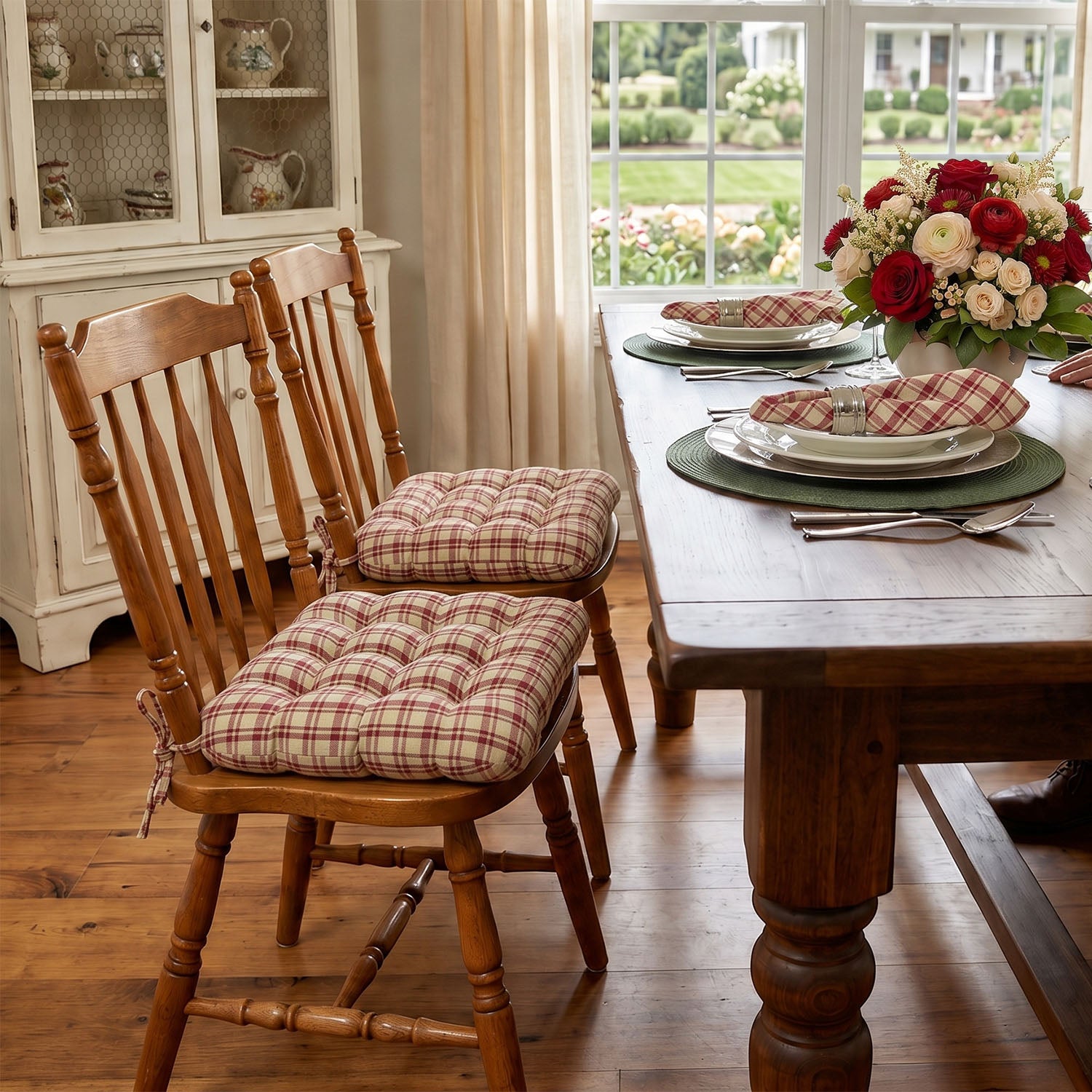 Montgomery Red Natural Plaid Dining Chair Pads - Never Flatten Chair Cushion