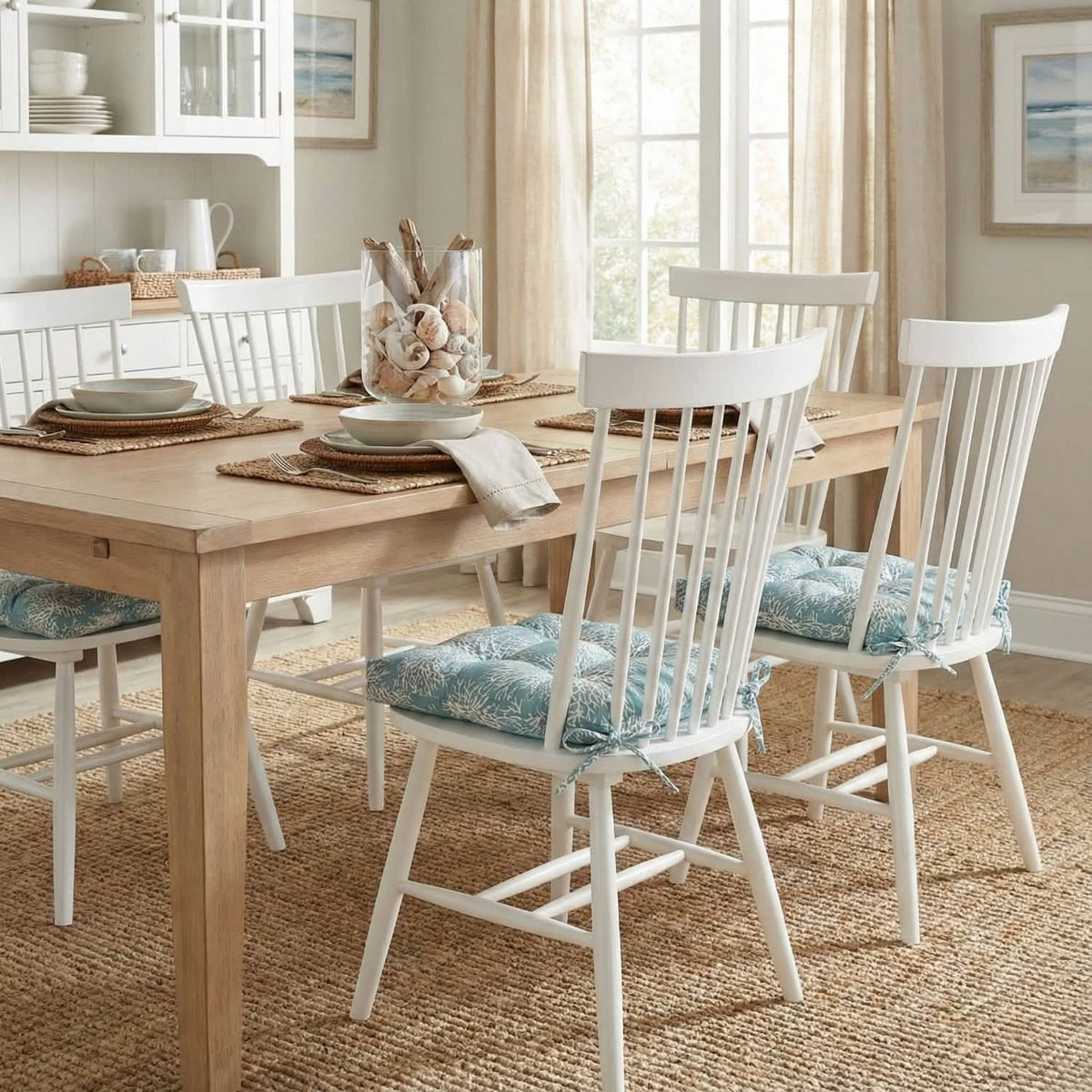 costal dining room with fan coral dining chair cushions on wood dining room chairs
