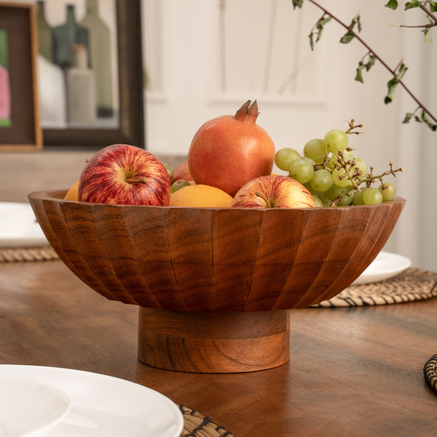 Natural Acacia Bowl - Footed, Fluted Carved Sides