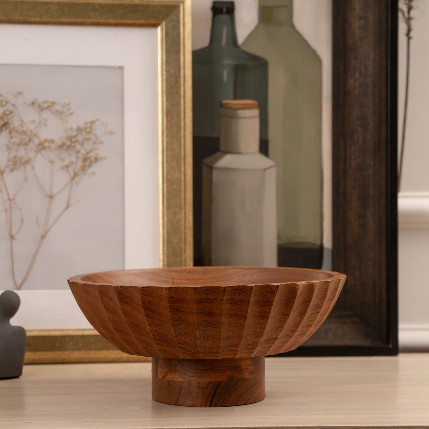 Natural Acacia Bowl - Footed, Fluted Carved Sides