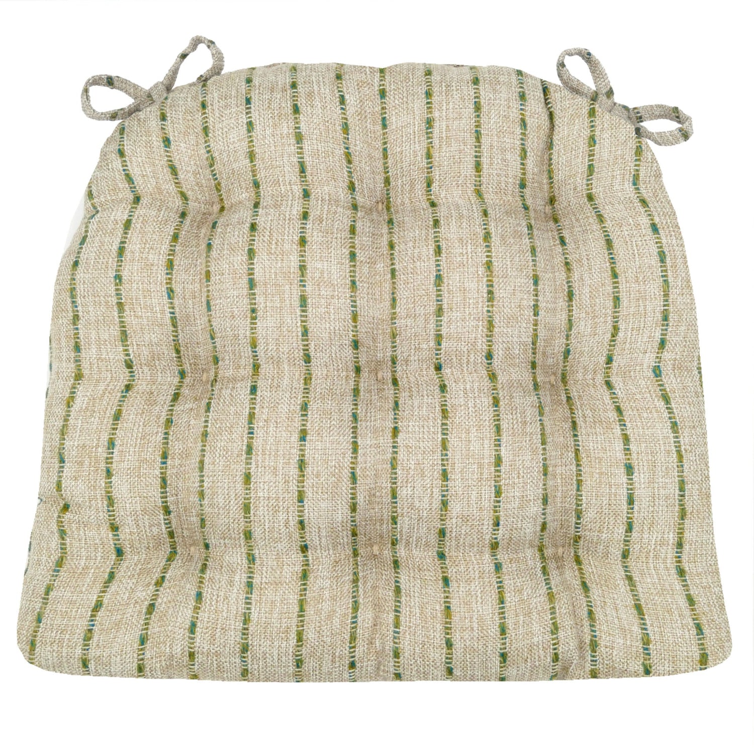 green striped dining chair cushions with oatmeal colored background linen fabric