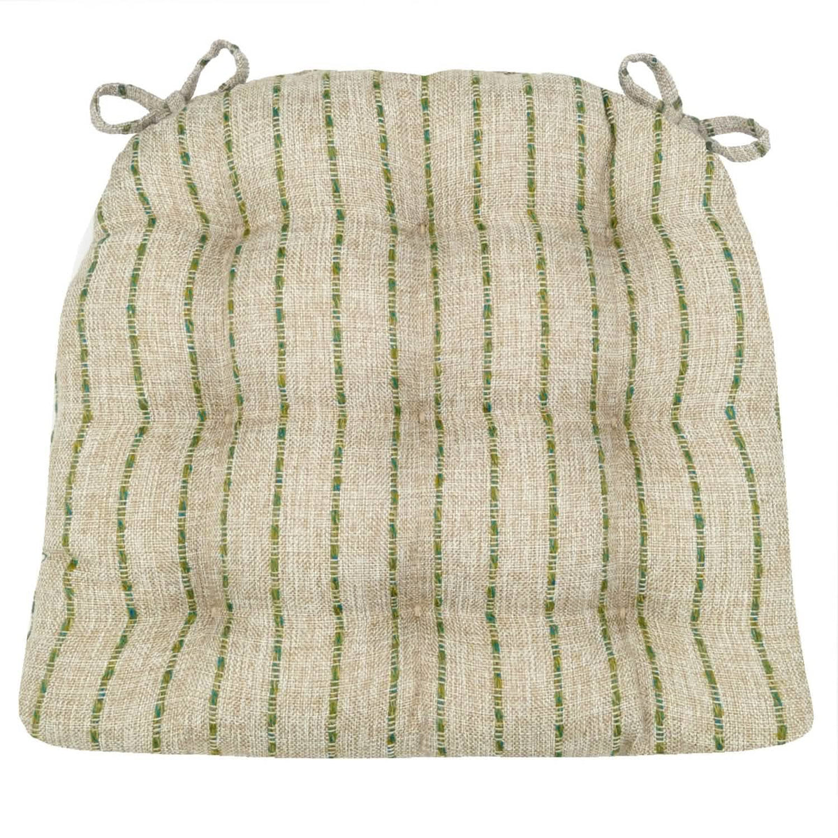 green striped dining chair cushions with oatmeal colored background linen fabric