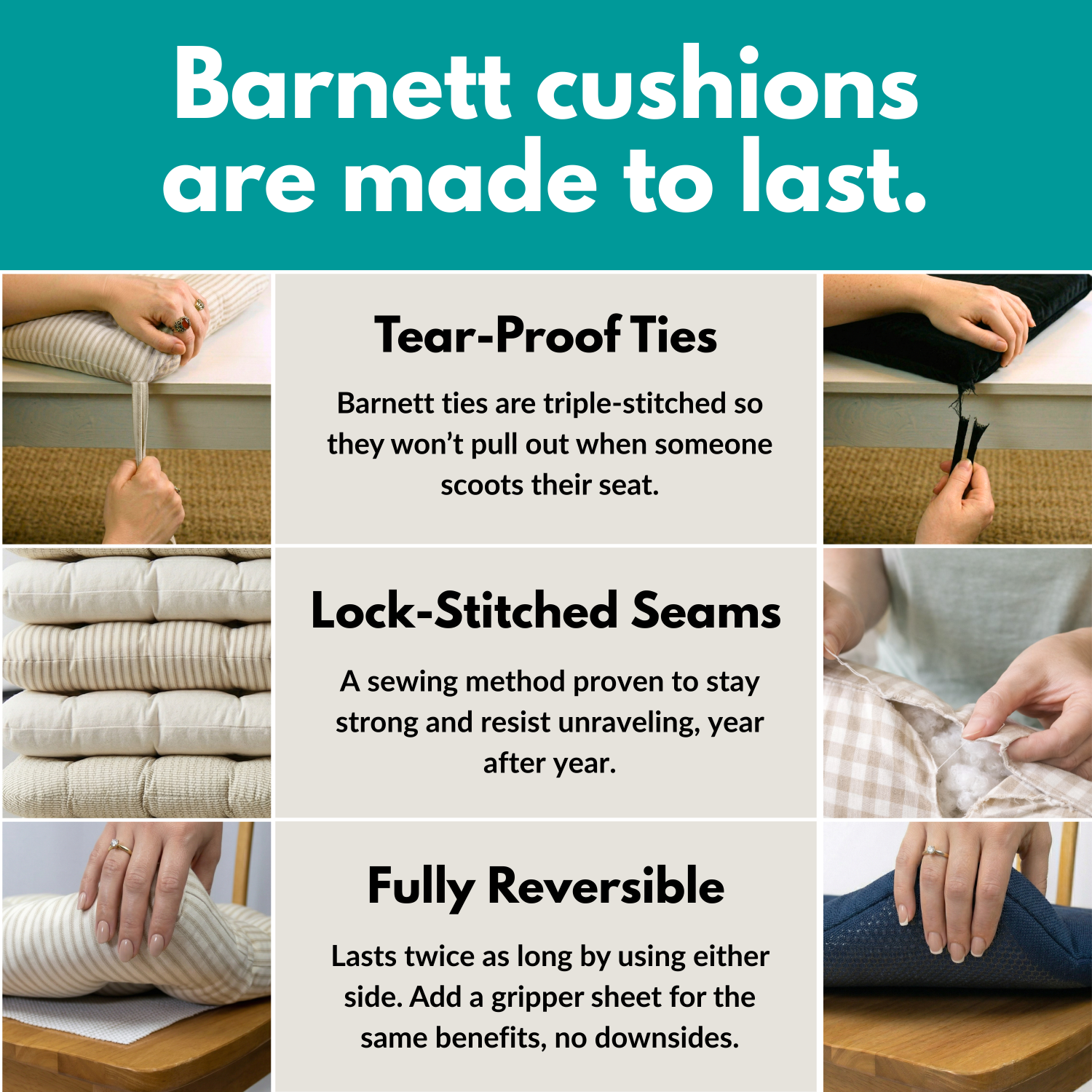 Advertisement for Barnett cushions highlighting tear-proof ties, lock-stitched seams, and reversibility.