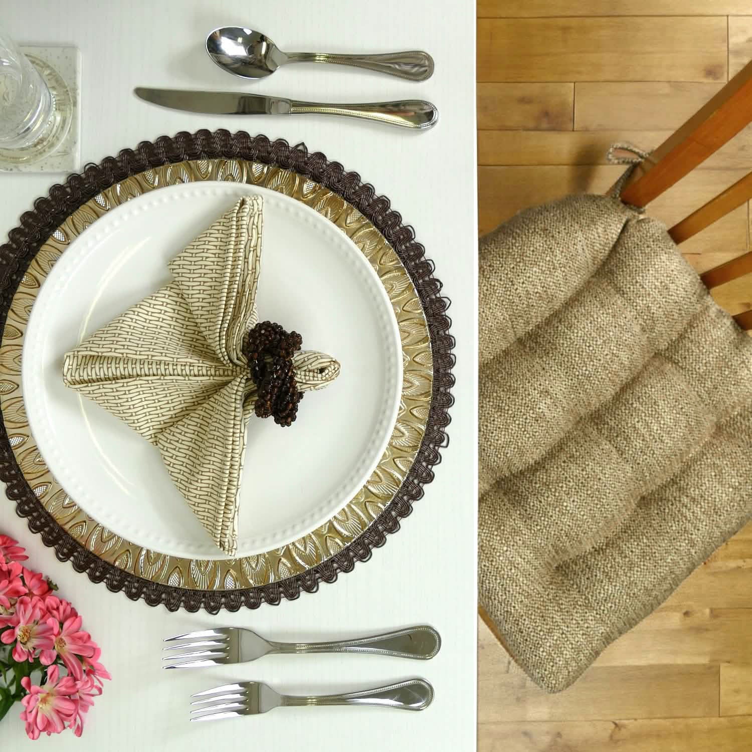 Brisbane Camel Dining chair cushion and basketweave natural napkin.