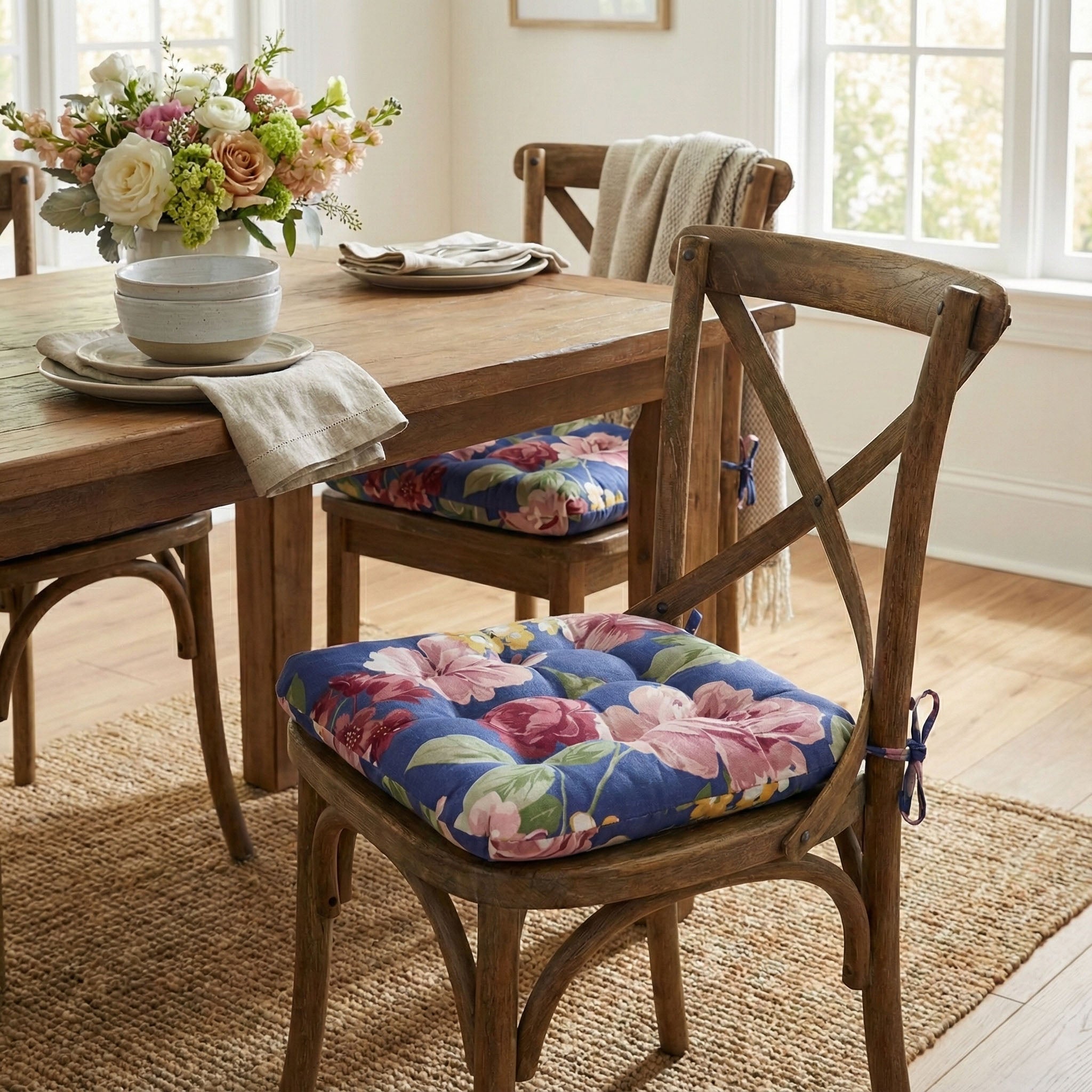 Bethanne Blue Floral Dining Chair Cushions - Never Flatten Chair Cushion