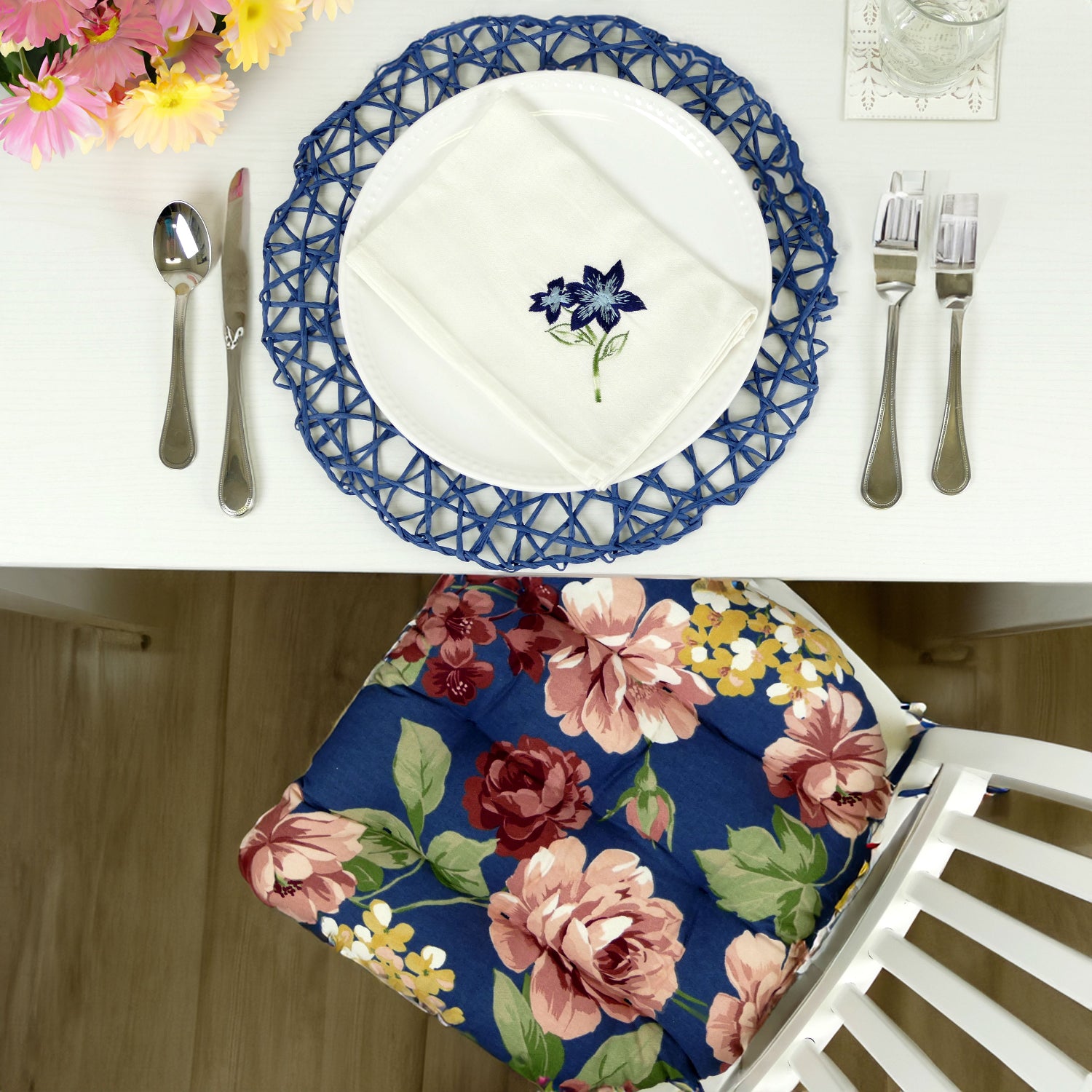 Bethanne Blue Floral Dining Chair Cushions - Never Flatten Chair Cushion