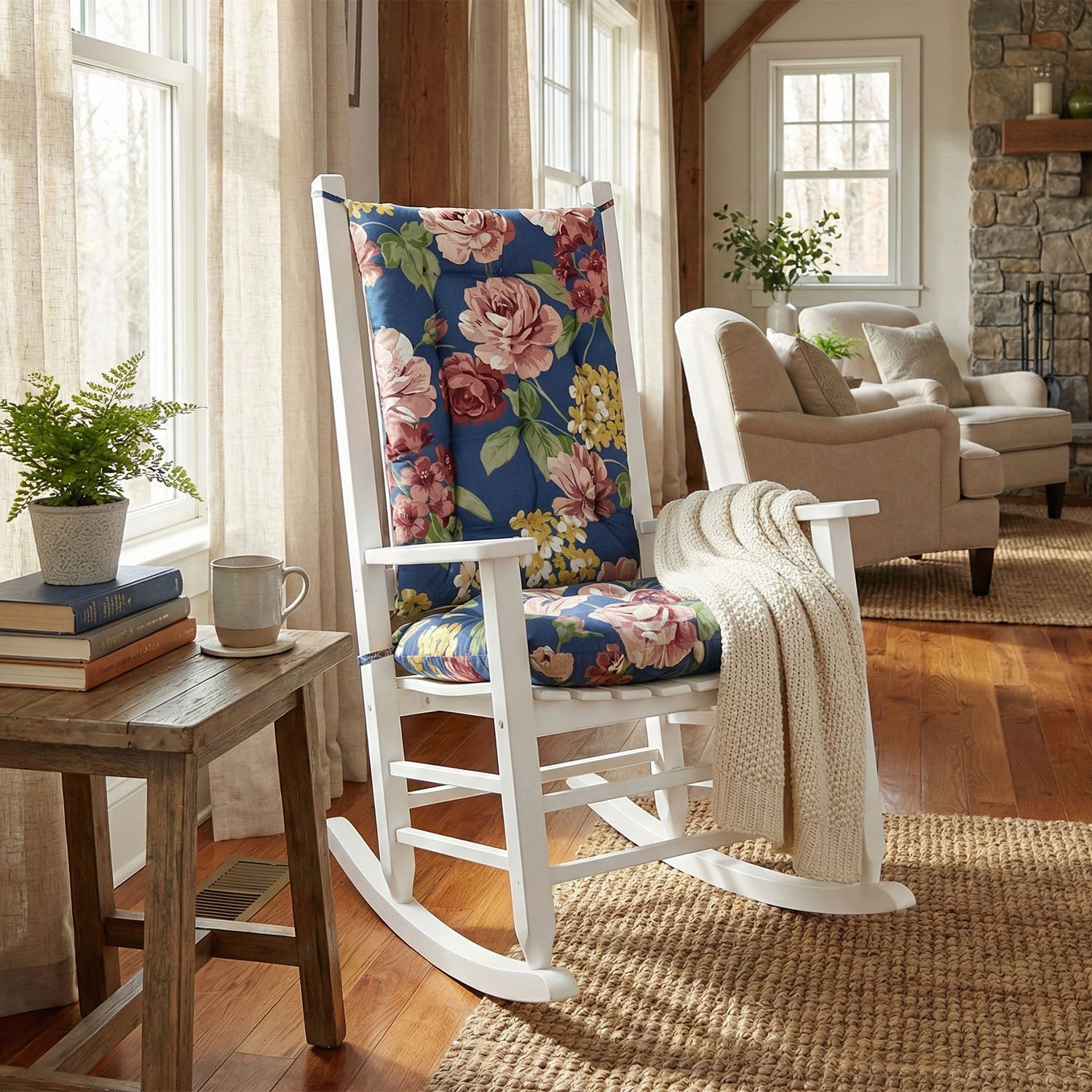 Bethanne Blue Floral Rocking Chair Cushions - Never Flatten Rocker Chair Cushion