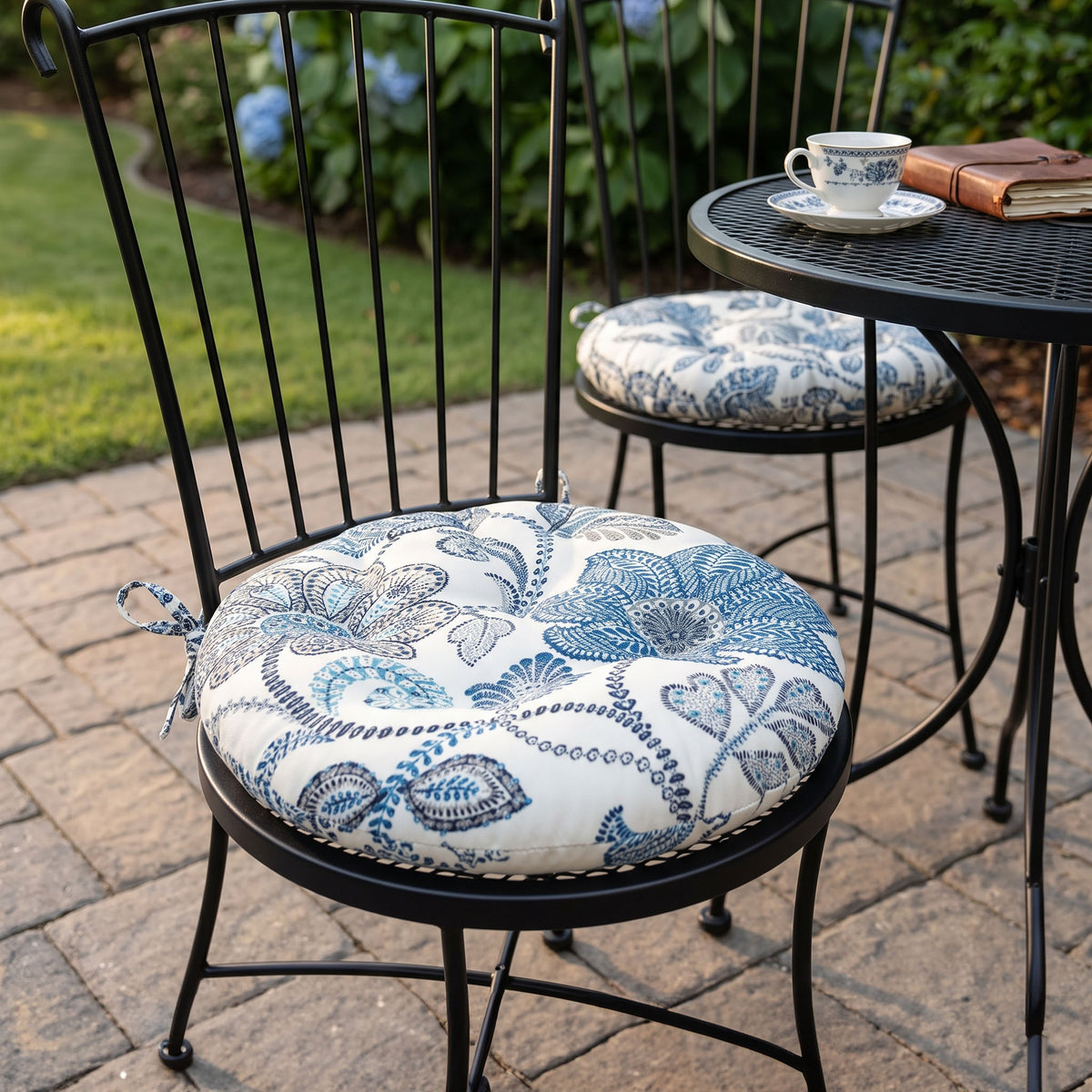 Bistro Chair Cushion - Boutique Floral Blue - 16" Round Cushion - Indoor / Outdoor