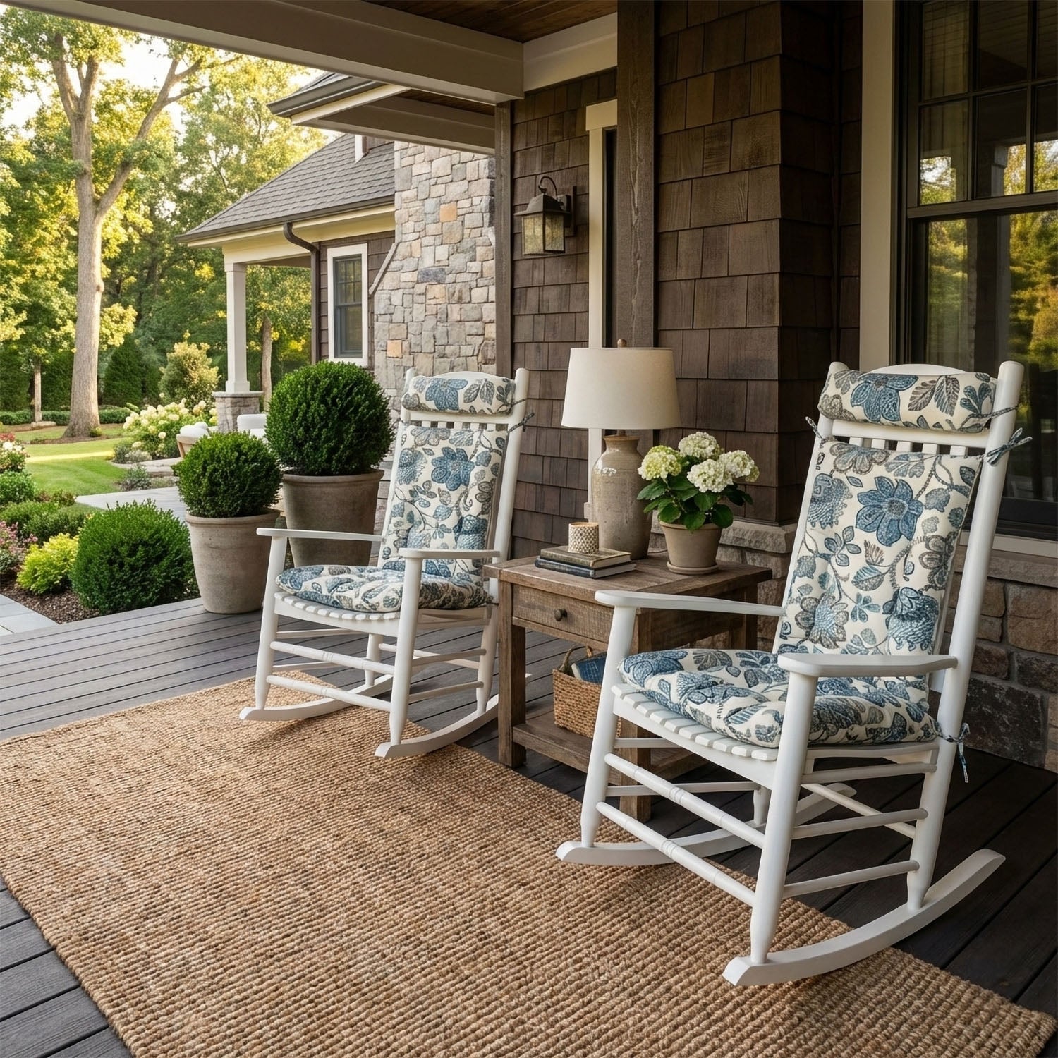 Boutique Blue Floral Porch Rocker Cushions - Latex Foam Fill