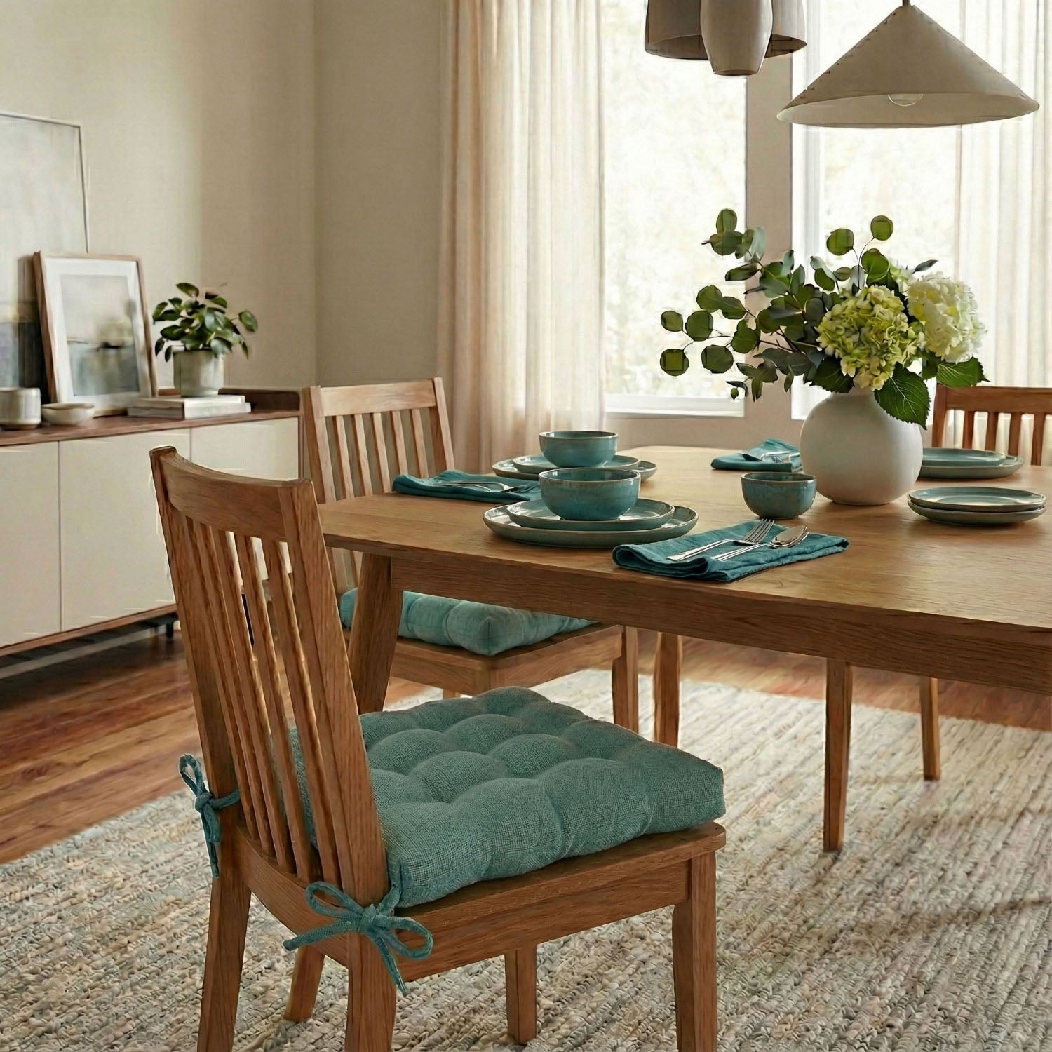teal dining chair cushions on wooden dining room chairs