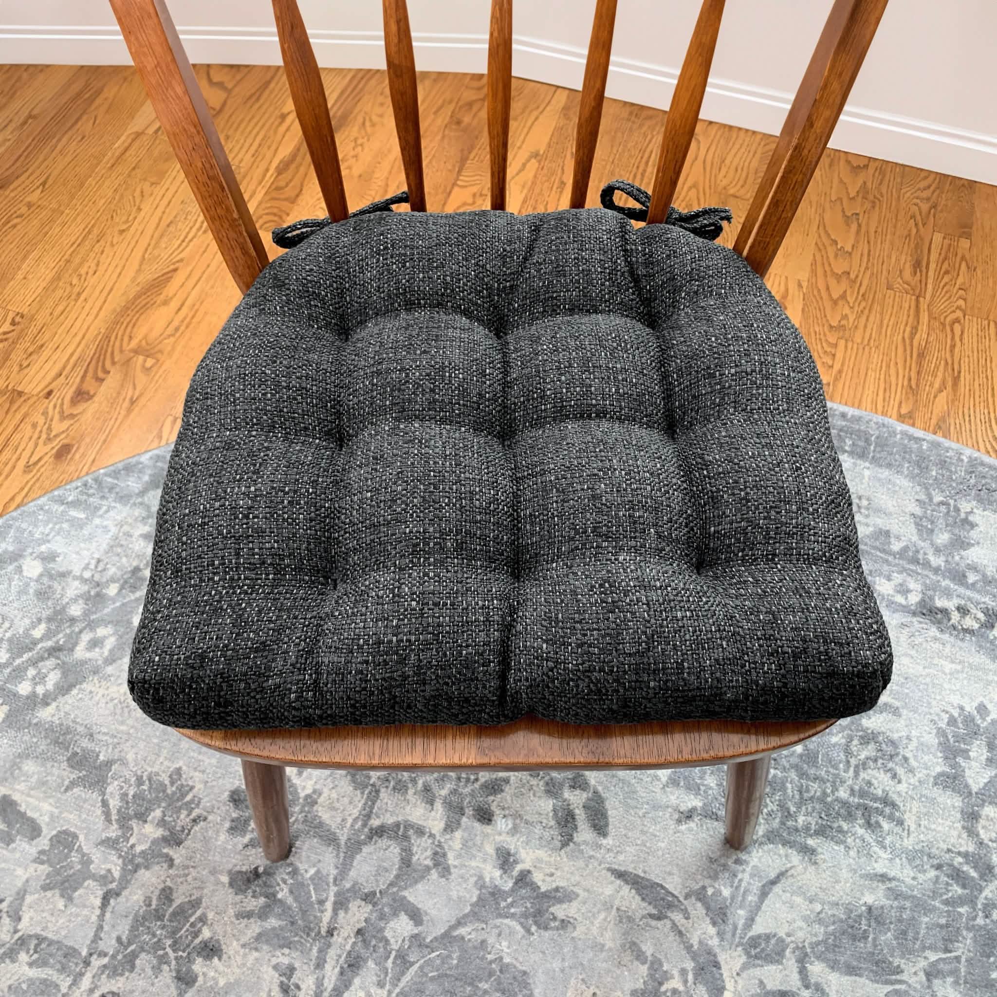 solid color charcoal black dining chair cushions on wooden mission style dining chair