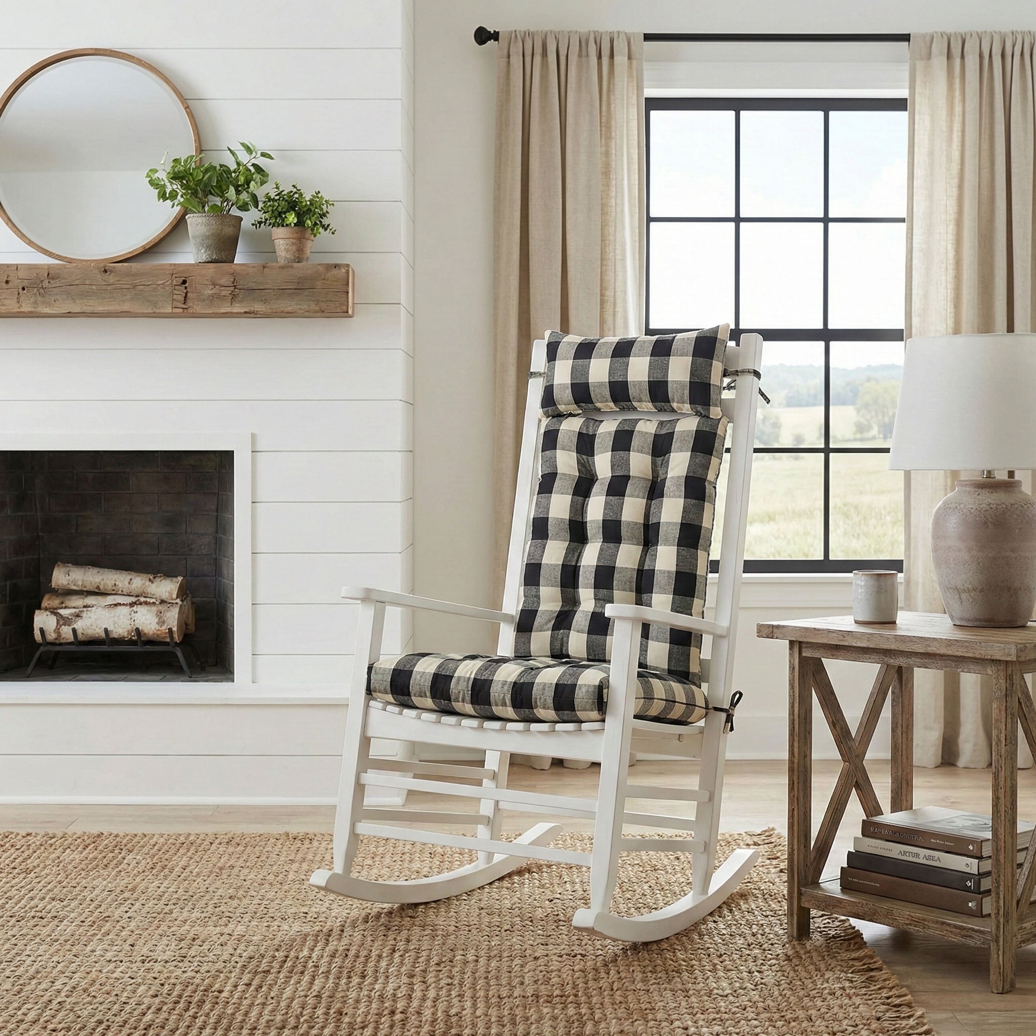 Buffalo Check Rocking Chair Cushions - Latex Foam Fill - Reversible - Black & Cream