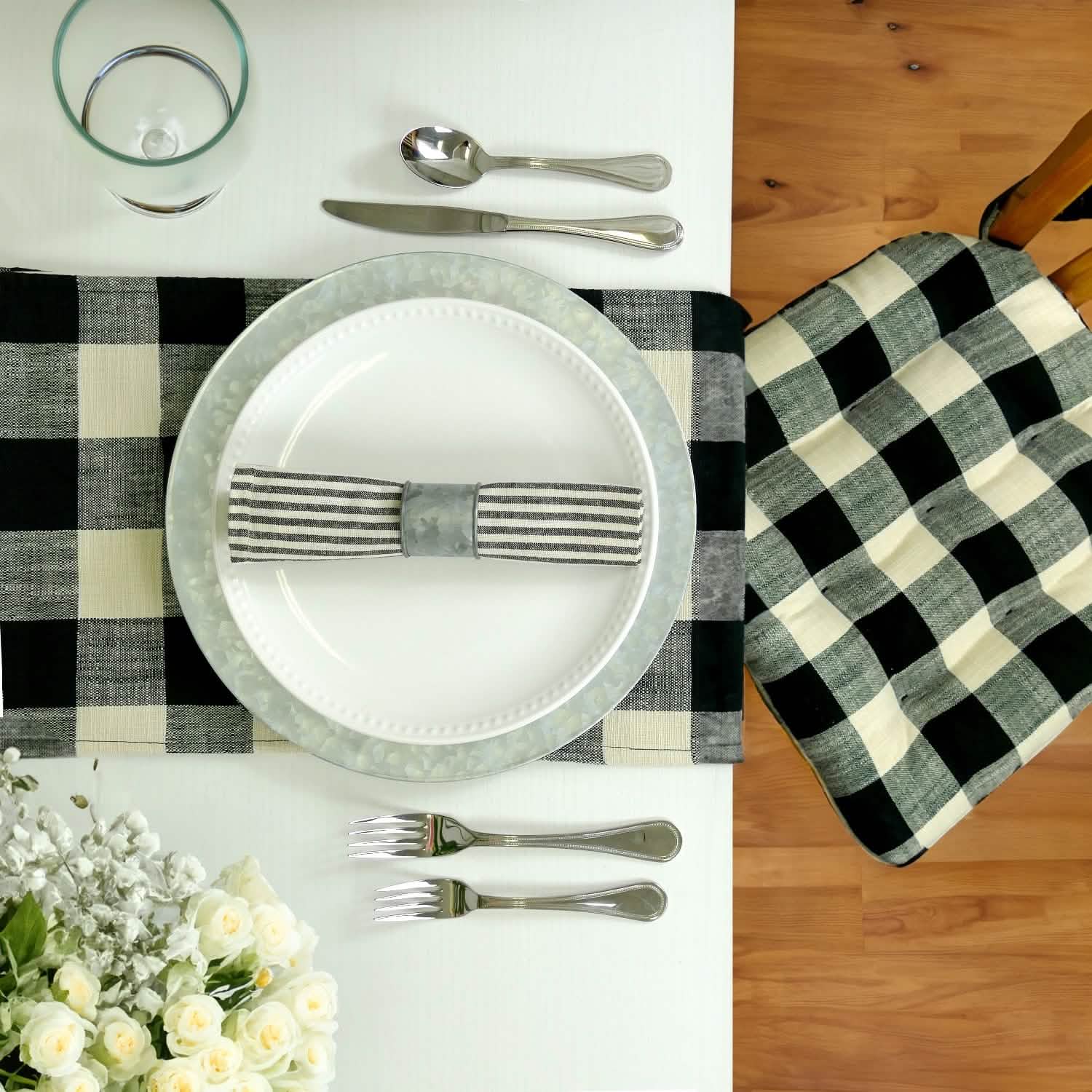 buffalo check dining room chair cushion with matching table runner
