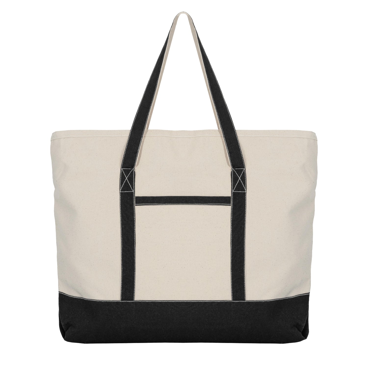 Beige tote bag with black accents on a white background