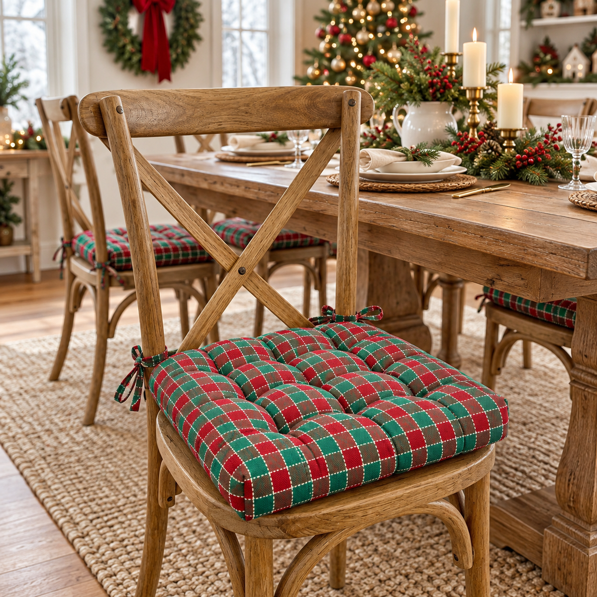 red and green plaid dining chair cushion in a dining room decorated for christmas