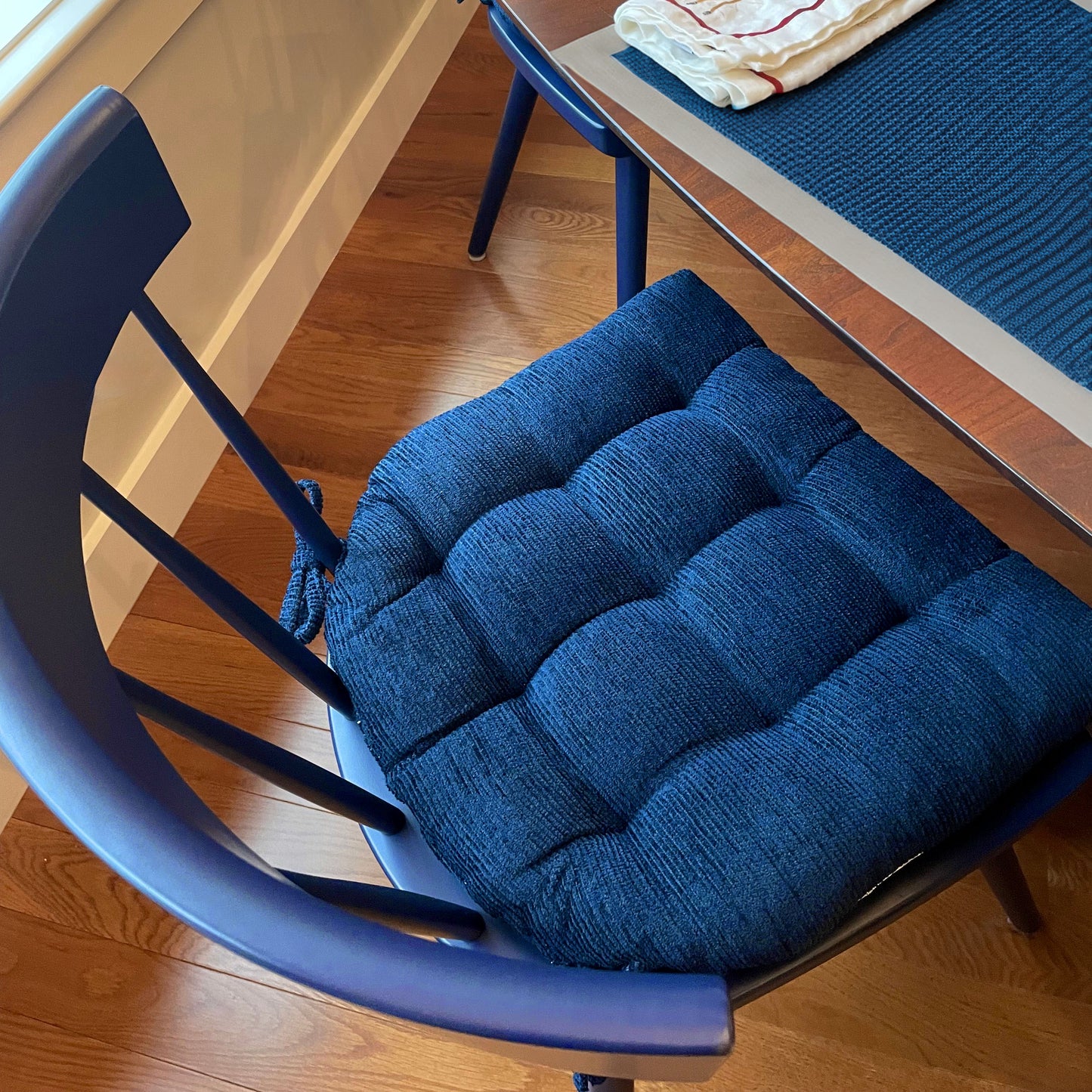 Chenille Rib Navy Blue Dining Chair Pad with Ties - Latex Foam Fill