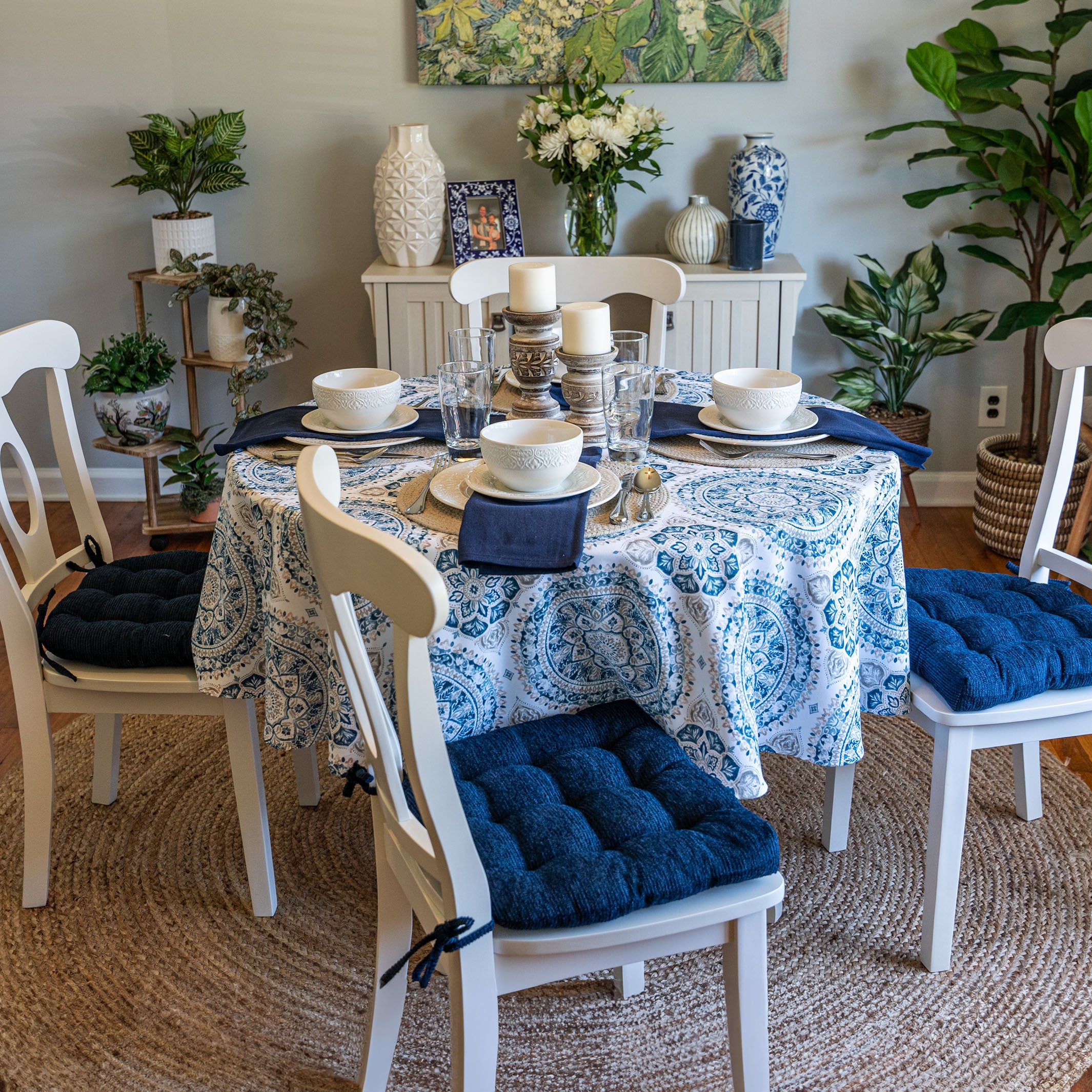 Chenille Rib Navy Blue Dining Chair Pad with Ties - Latex Foam Fill