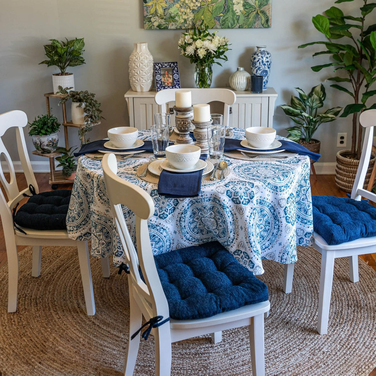 Chenille Rib Navy Blue Dining Chair Pad with Ties - Latex Foam Fill