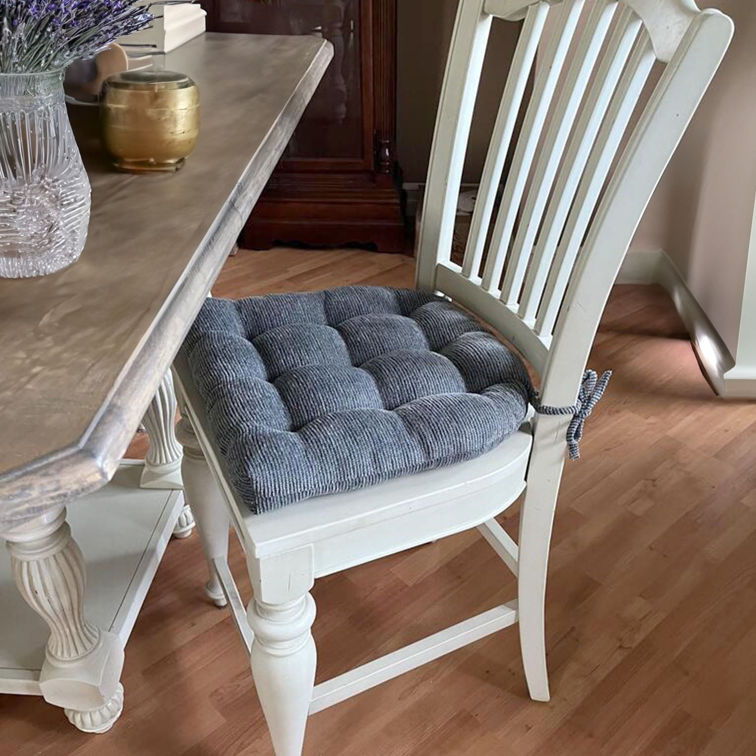 Chenille Rib Slate Grey Dining Chair Pad with Ties - Latex Foam Fill