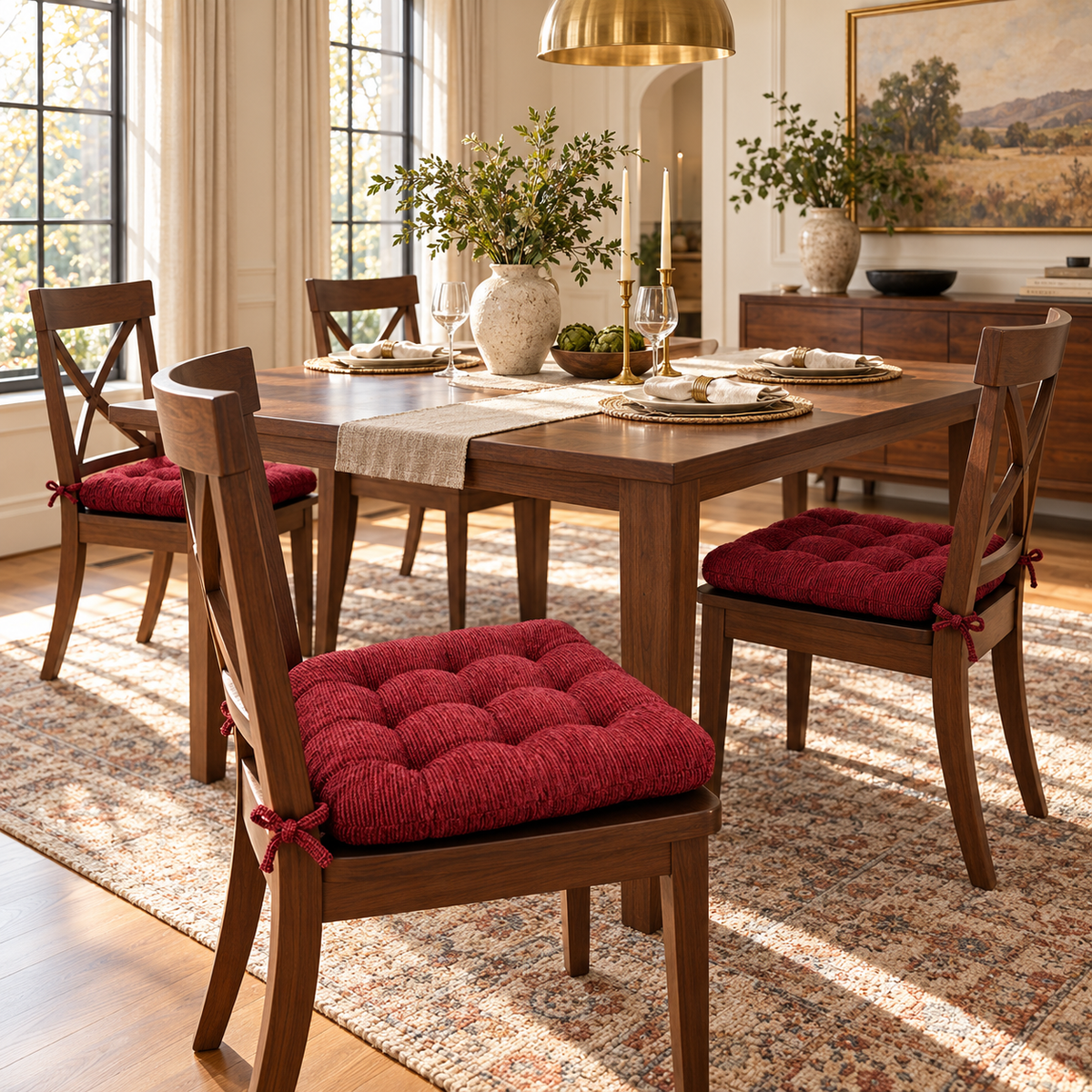 Chenille Rib Claret Red Dining Chair Pad with Ties - Latex Foam Fill