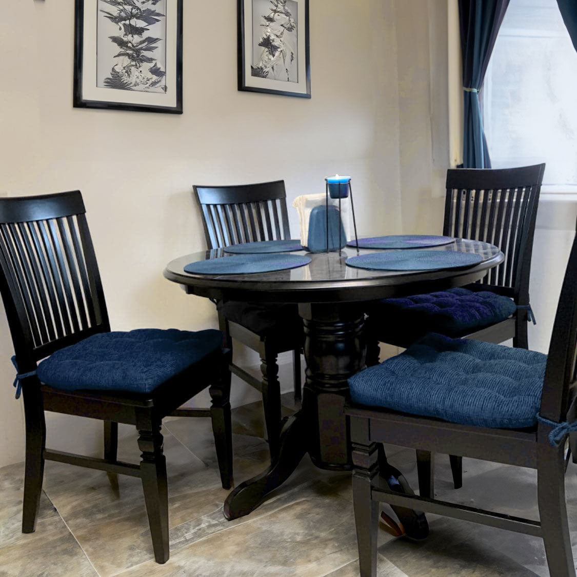 Chenille Rib Navy Blue Dining Chair Pad with Ties - Latex Foam Fill